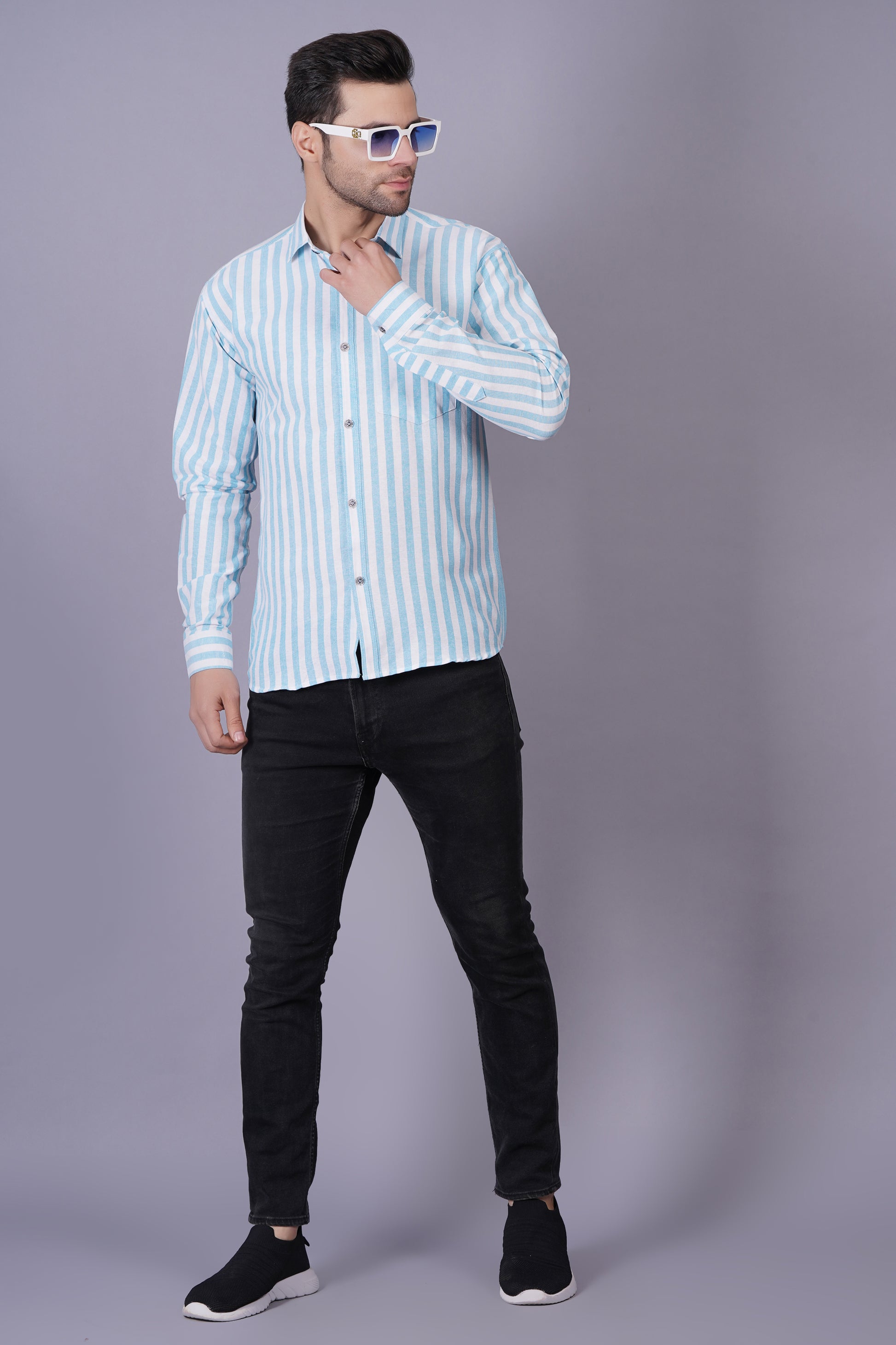 Blue Khadi Cotton Fabric Full Sleeves Striped Men's Shirt