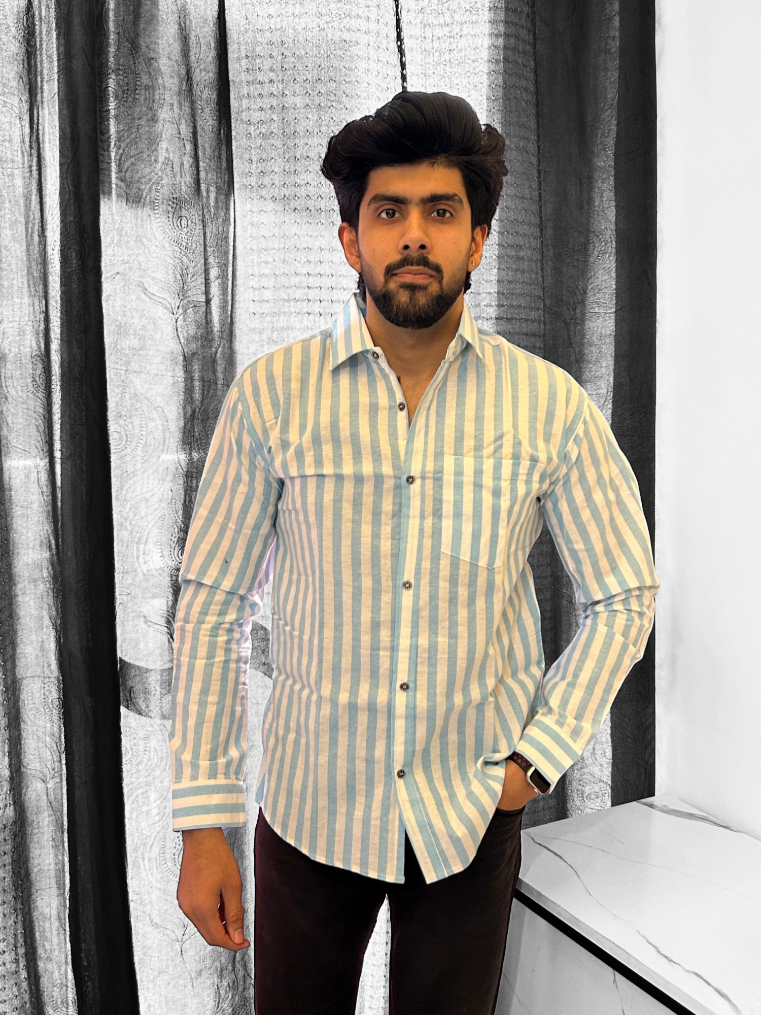 Blue Khadi Cotton Fabric Full Sleeves Striped Men's Shirt