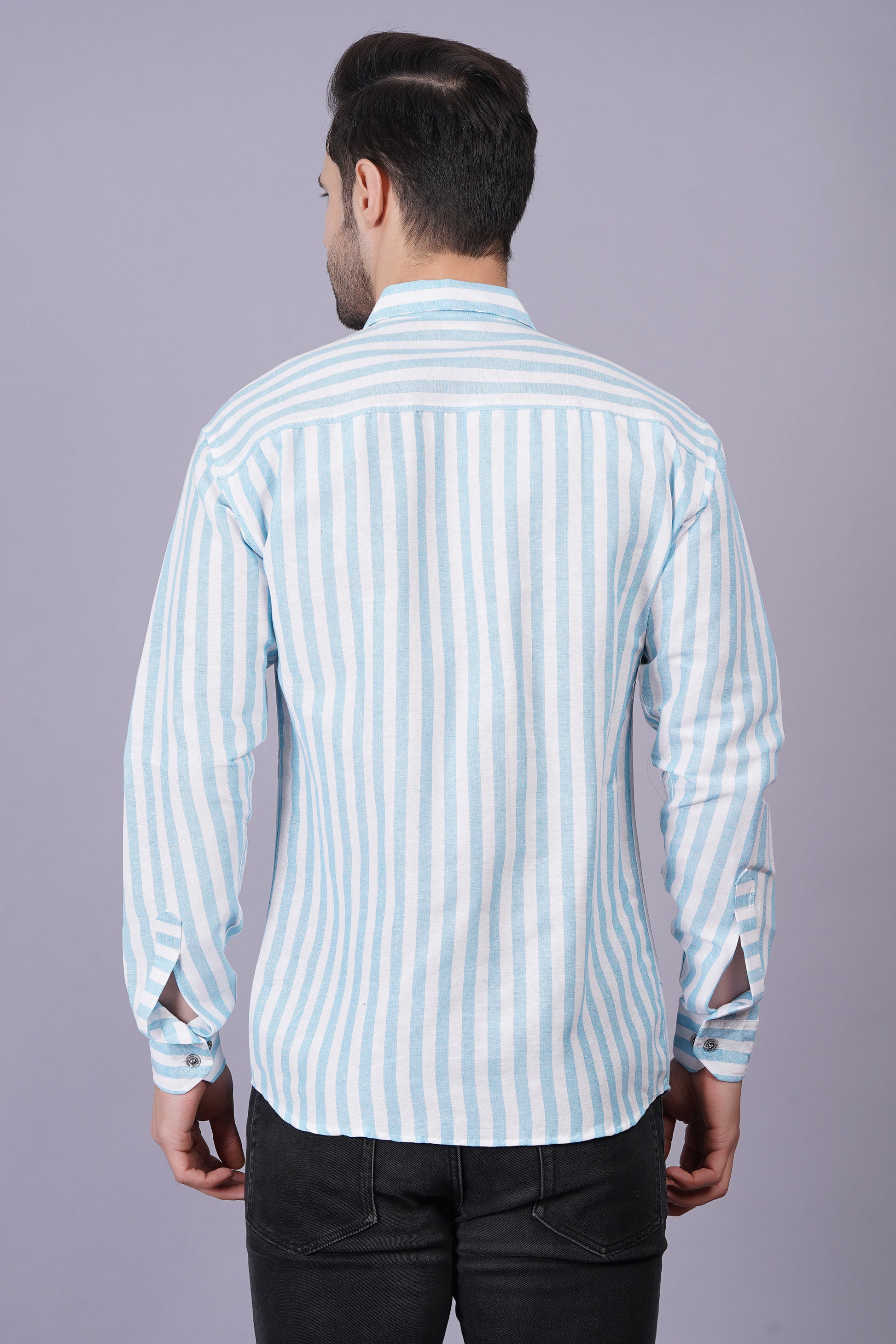 Blue Khadi Cotton Fabric Full Sleeves Striped Men's Shirt