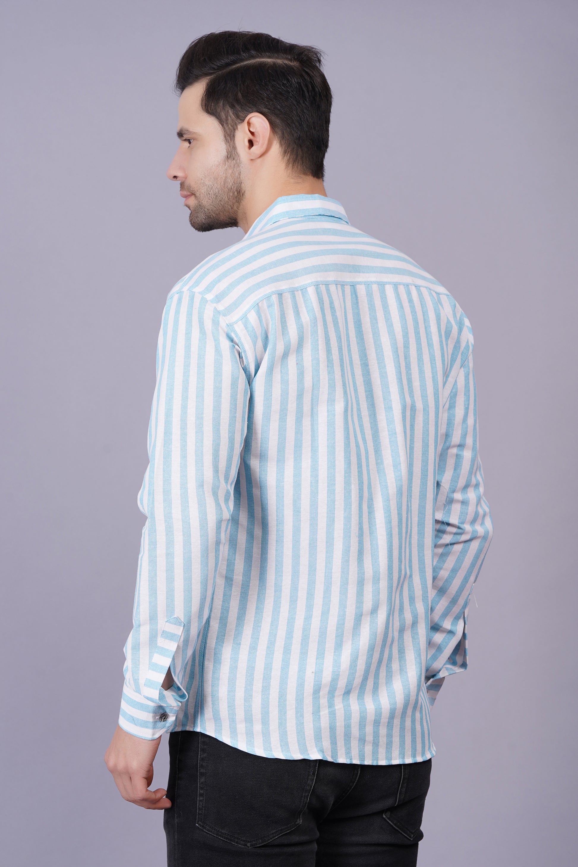 Blue Khadi Cotton Fabric Full Sleeves Striped Men's Shirt
