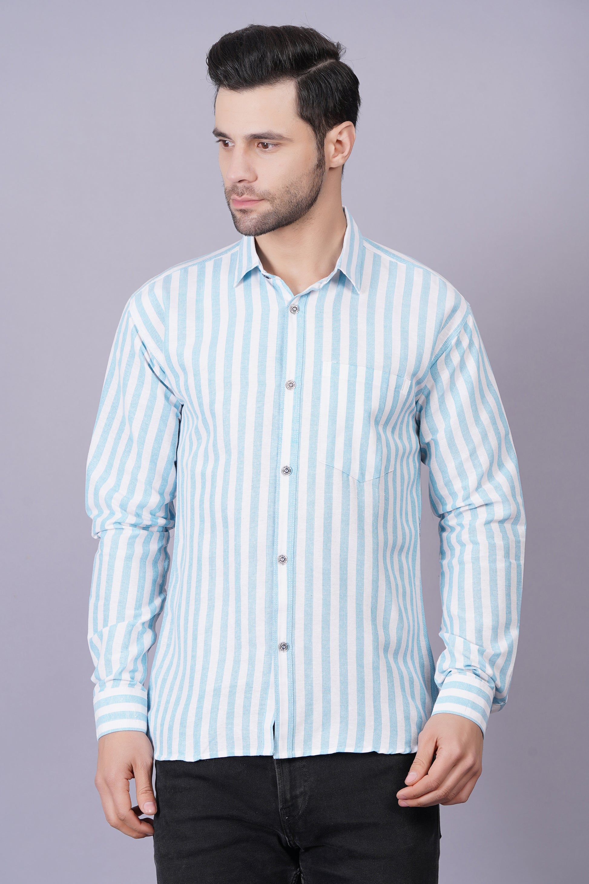Blue Khadi Cotton Fabric Full Sleeves Striped Men's Shirt