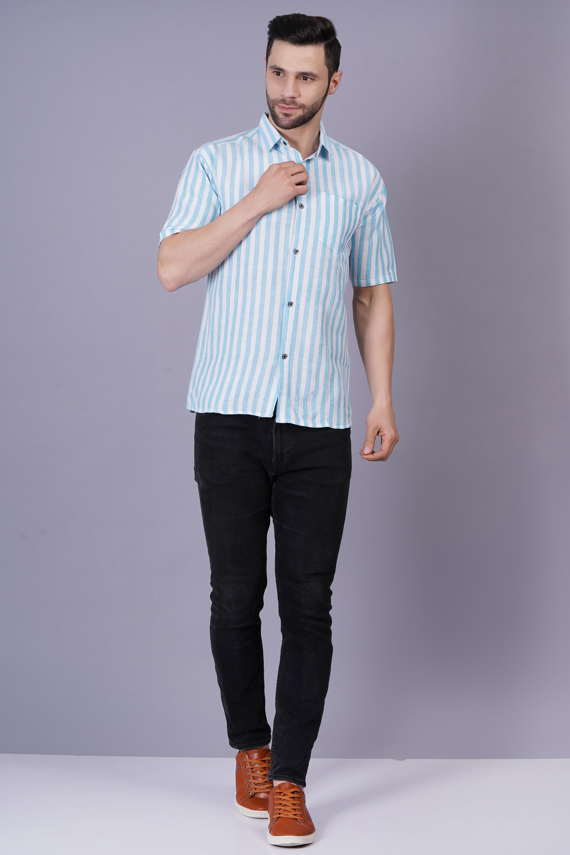 Blue Khadi Cotton Fabric Half Sleeve Mens Regular Fit Shirt