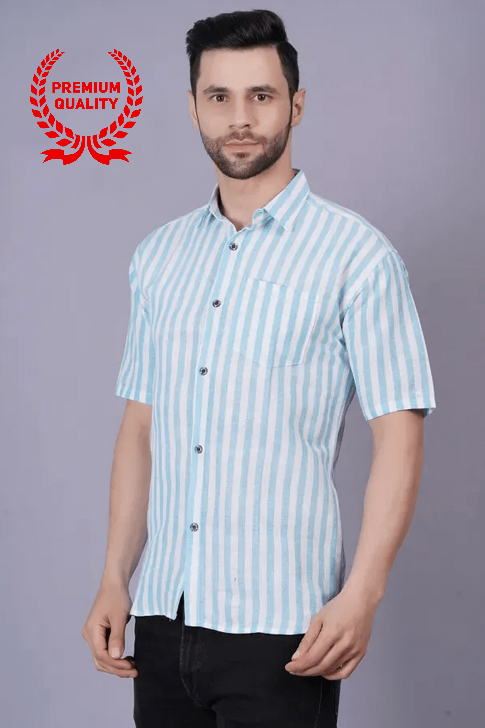 Blue Khadi Cotton Fabric Half Sleeve Mens Regular Fit Shirt
