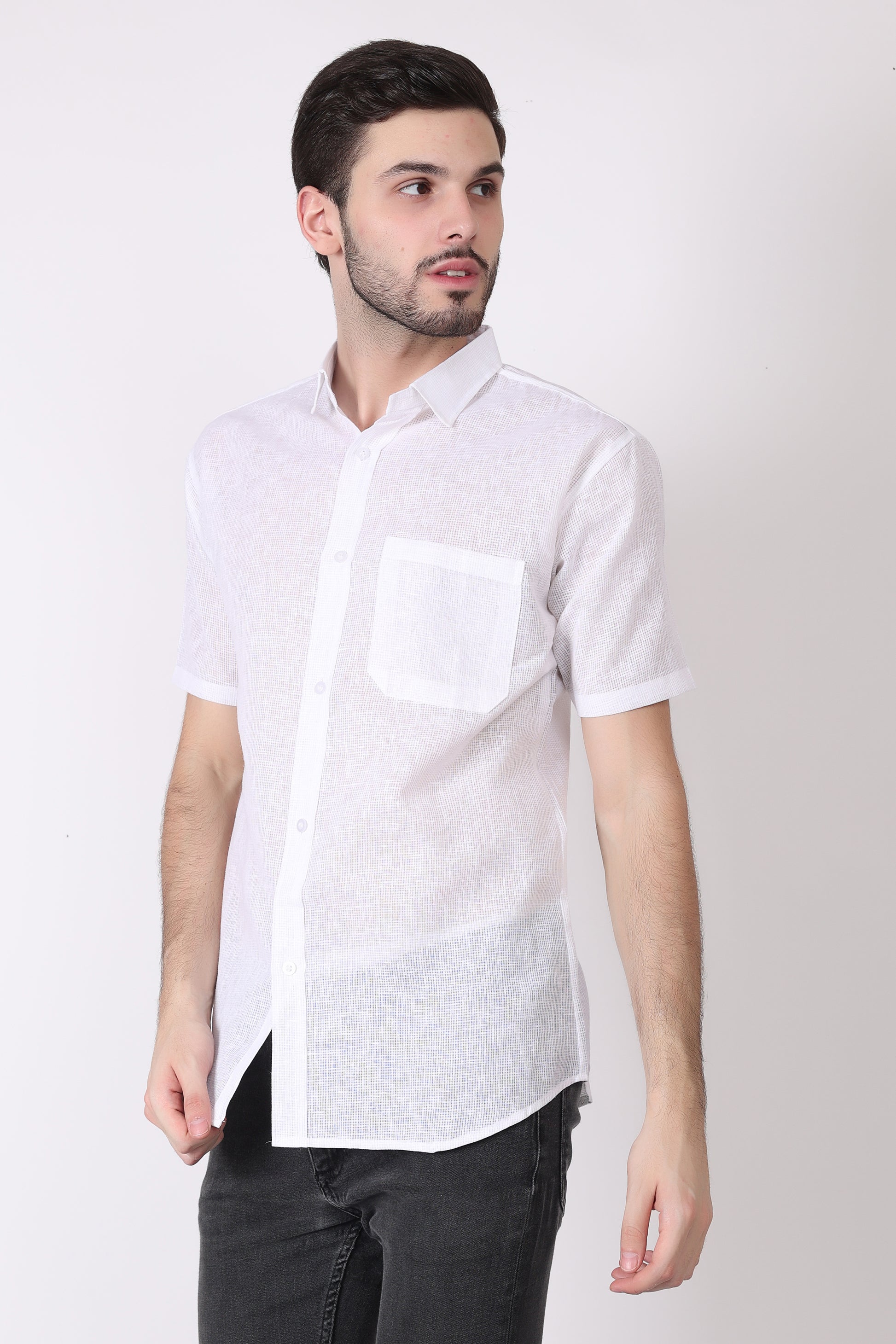 White Matty Linen Half Casual Shirt
