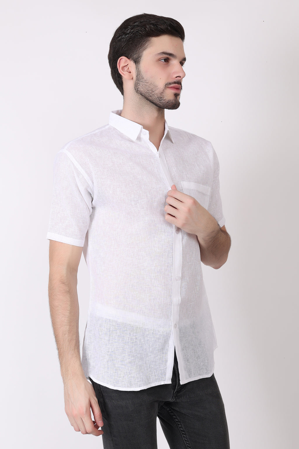 White Matty Linen Half Casual Shirt