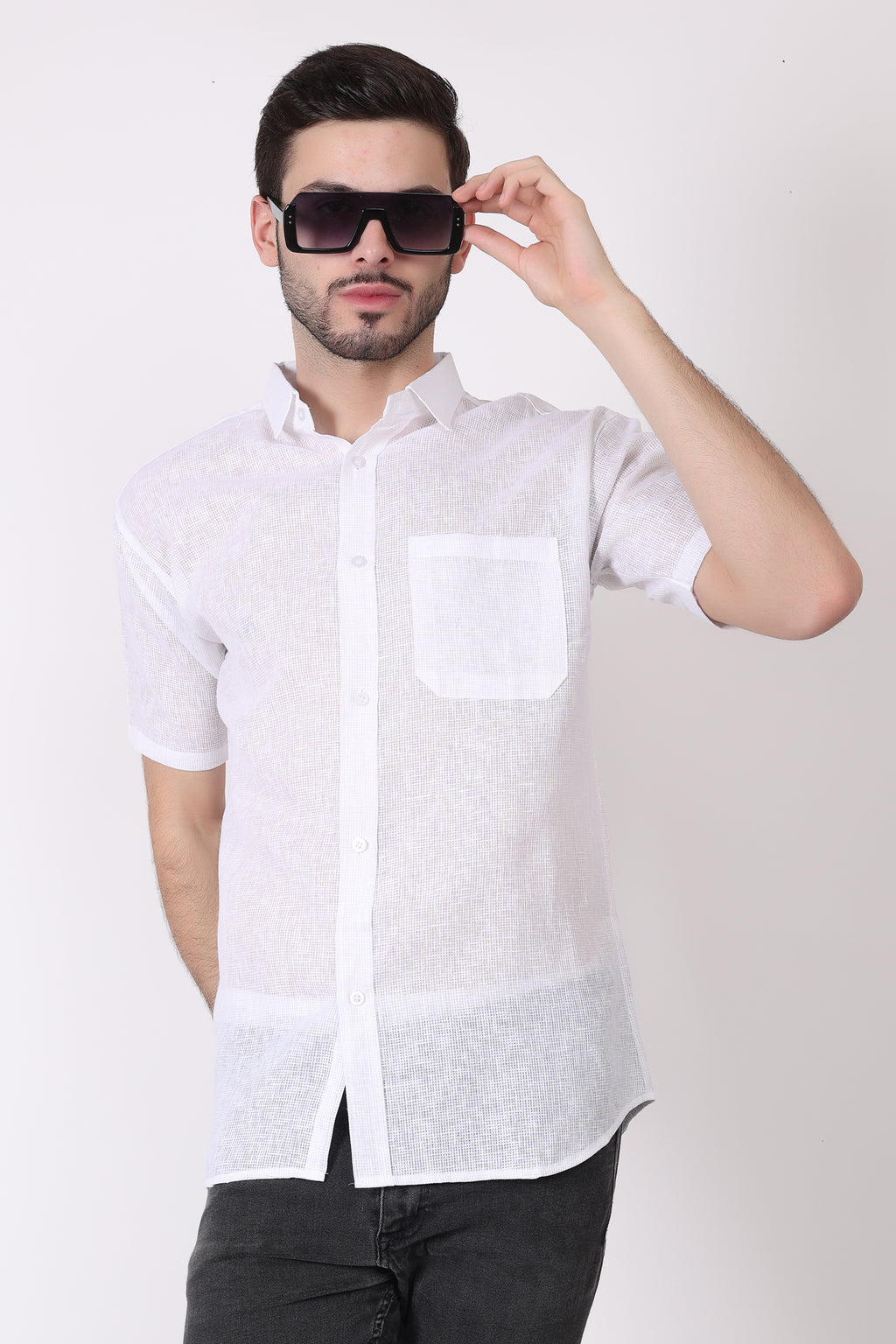 White Matty Linen Half Casual Shirt