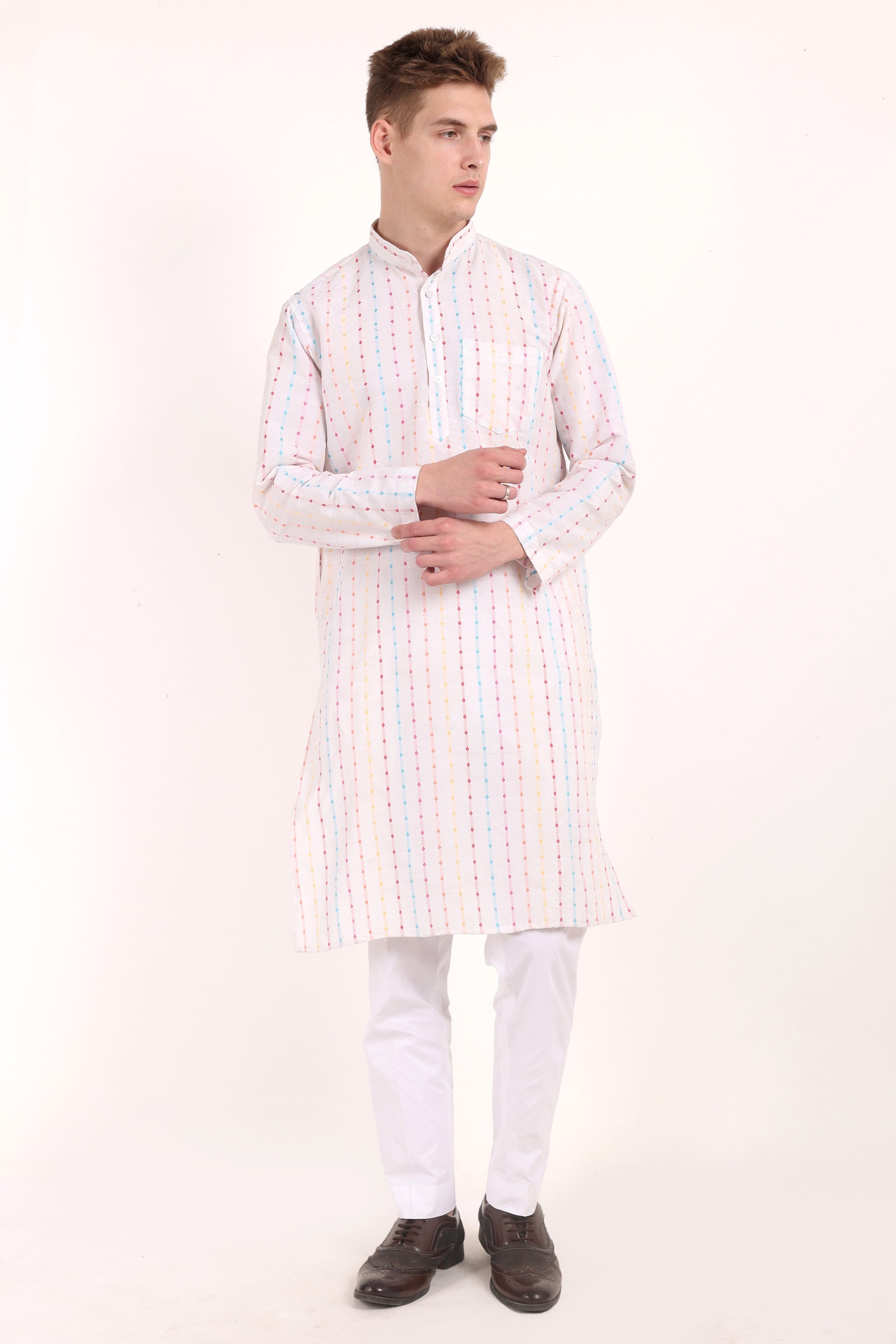 White Woven Design Dot Kurta Pyjama