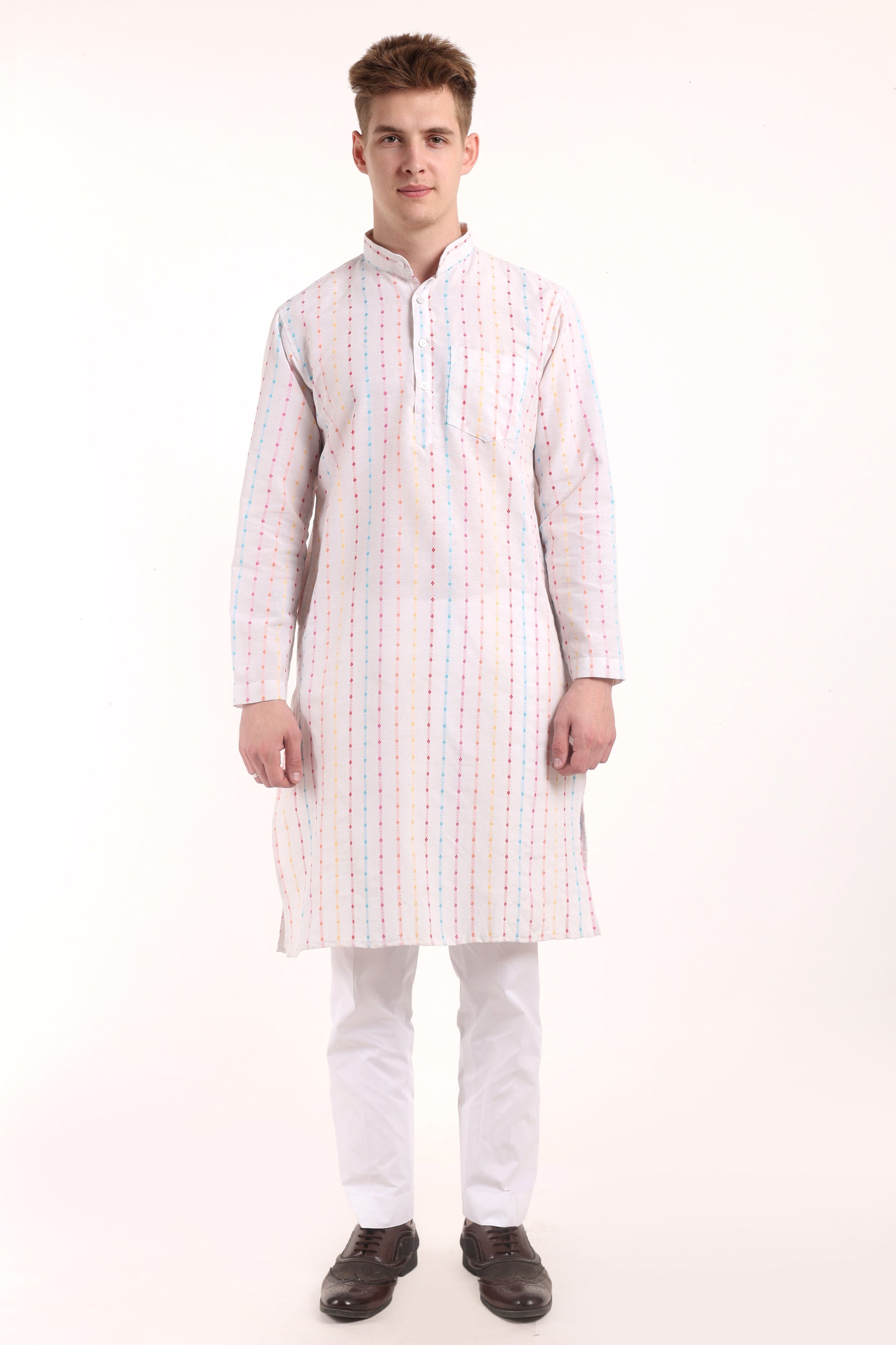 White Woven Design Dot Kurta Pyjama