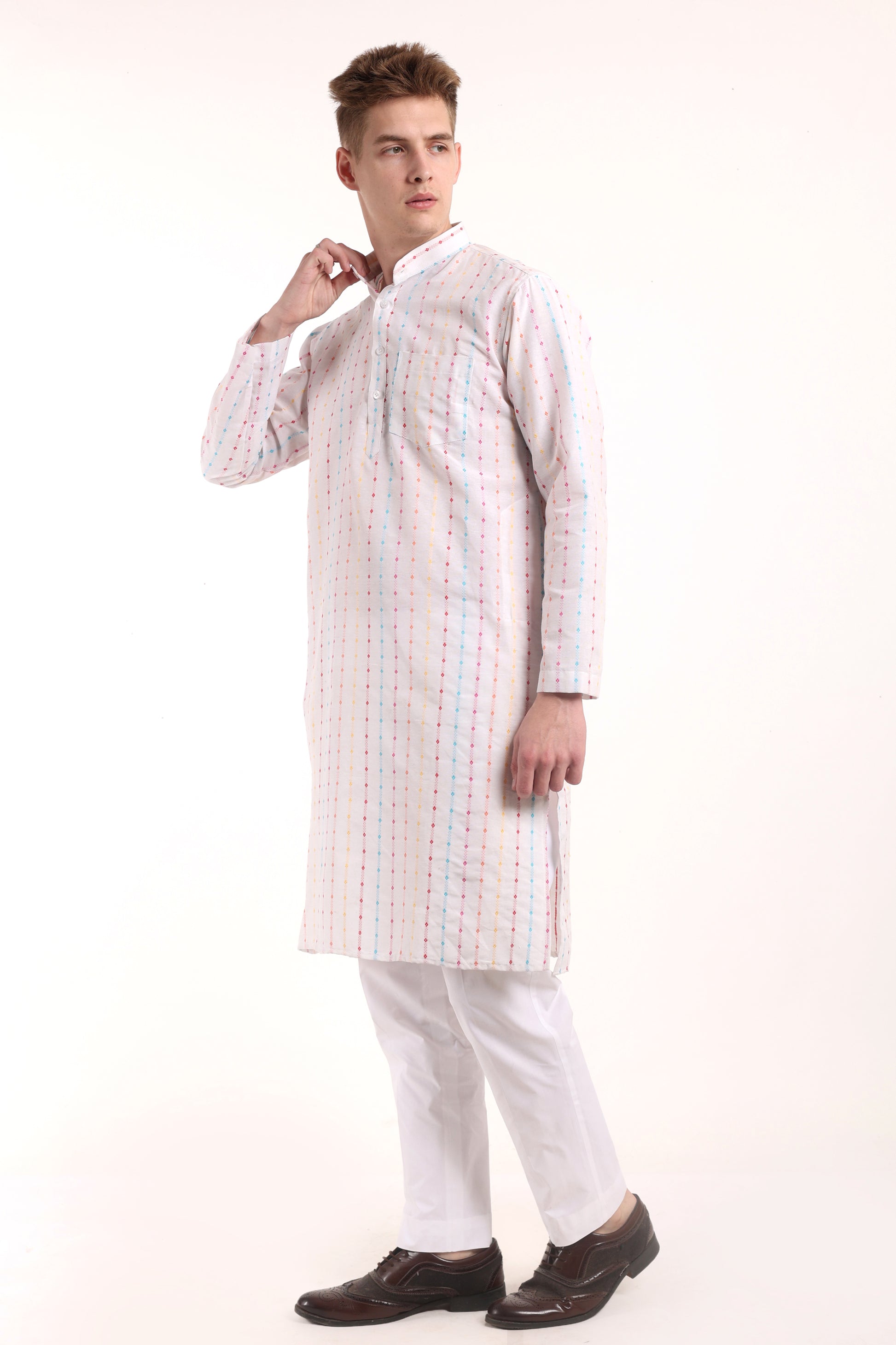 White Woven Design Dot Kurta Pyjama