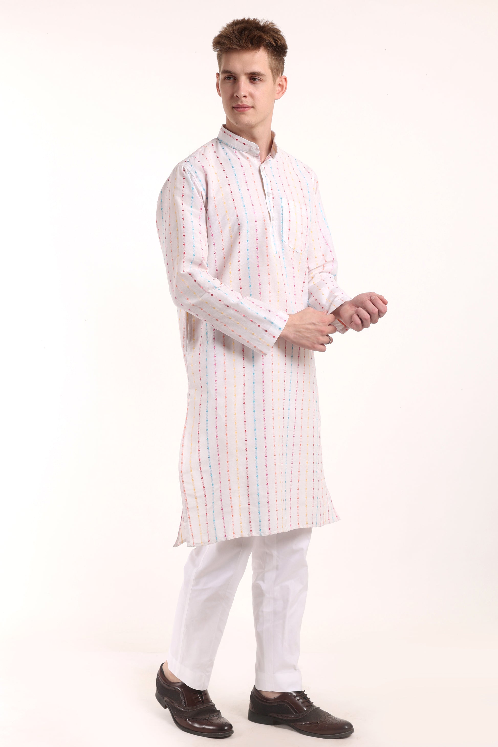 White Woven Design Dot Kurta Pyjama