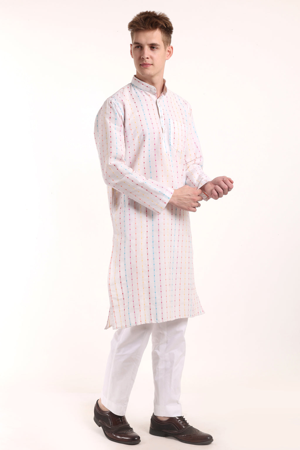 White Woven Design Dot Kurta Pyjama