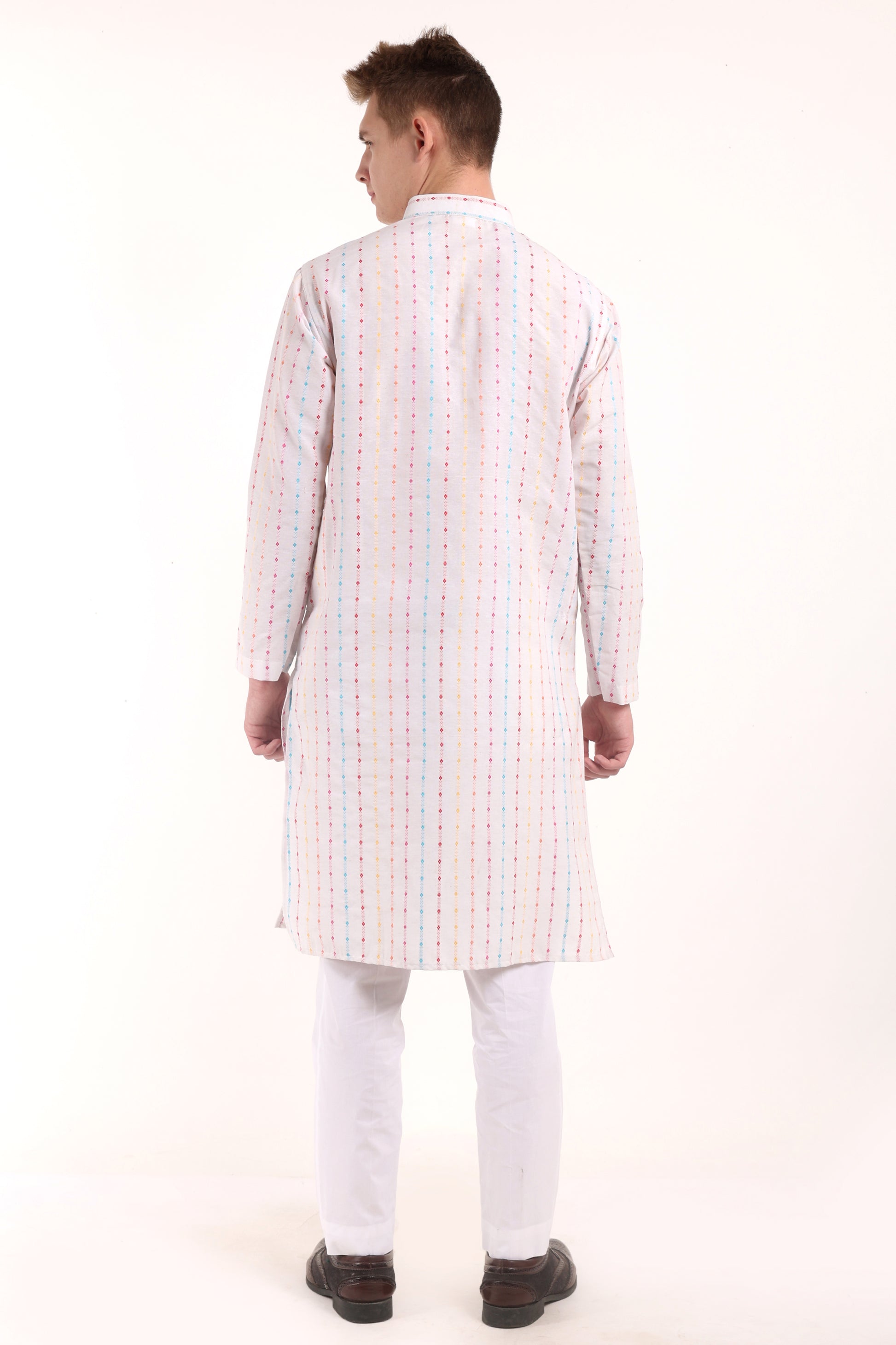 White Woven Design Dot Kurta Pyjama