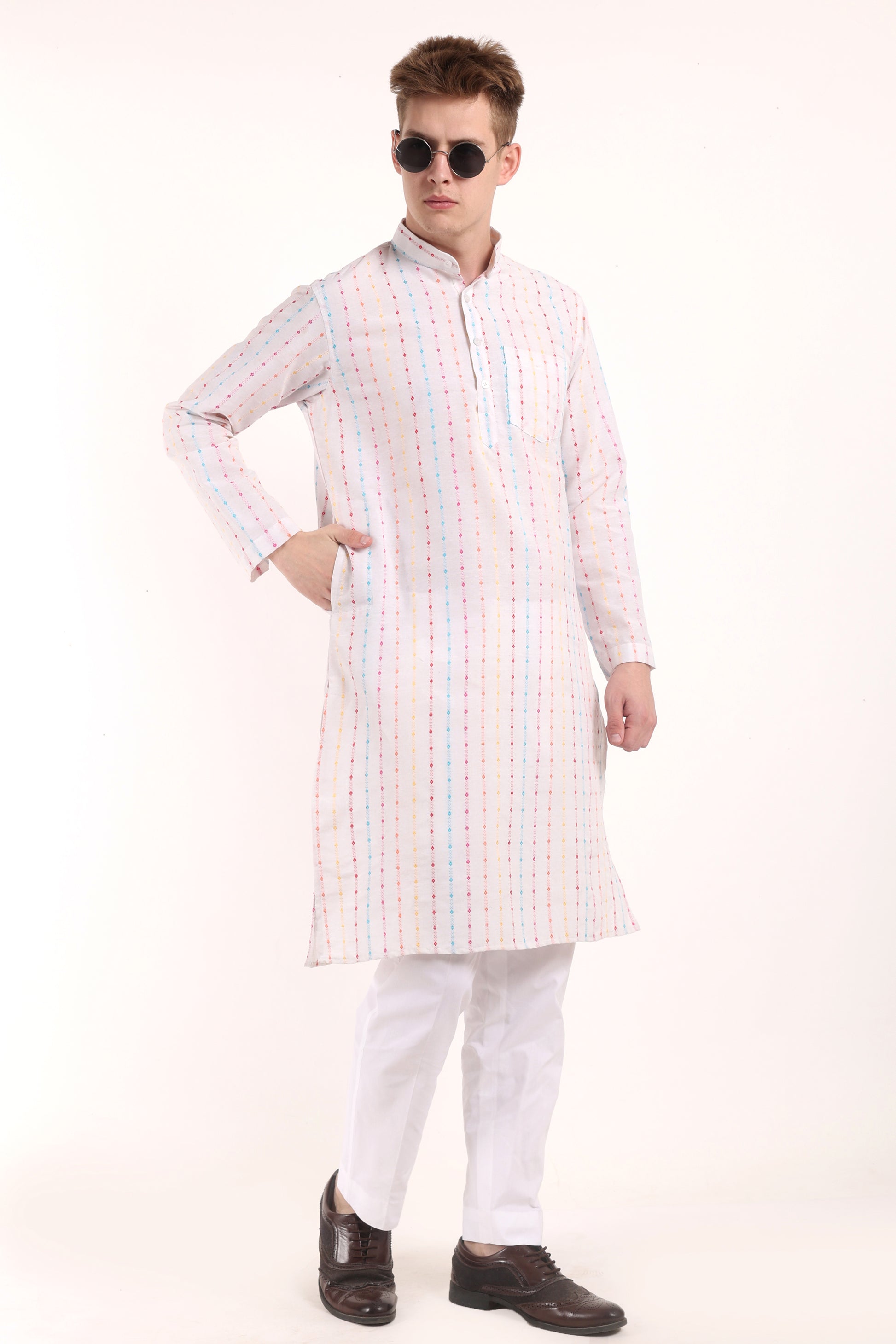 White Woven Design Dot Kurta Pyjama