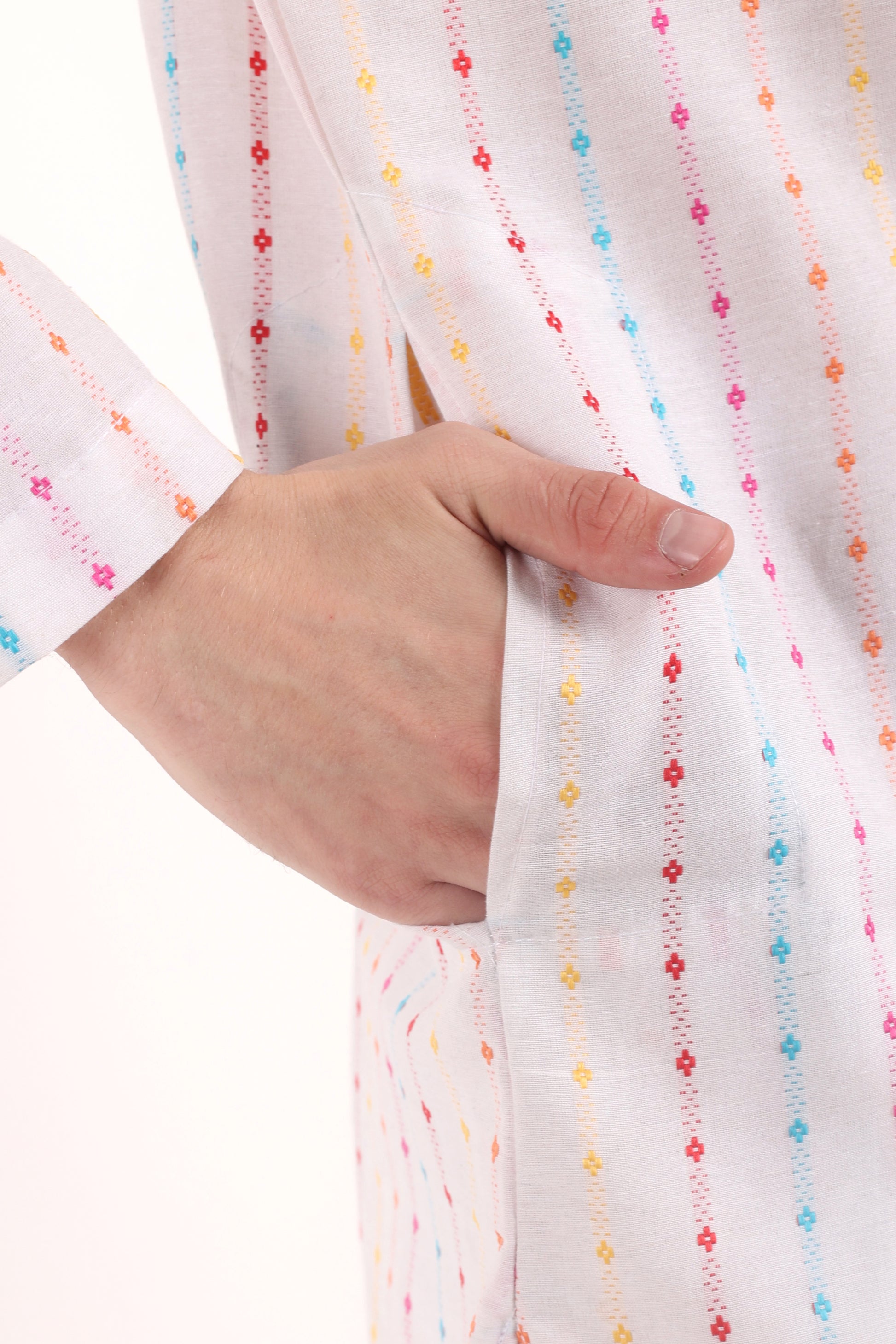 White Woven Design Dot Kurta Pyjama