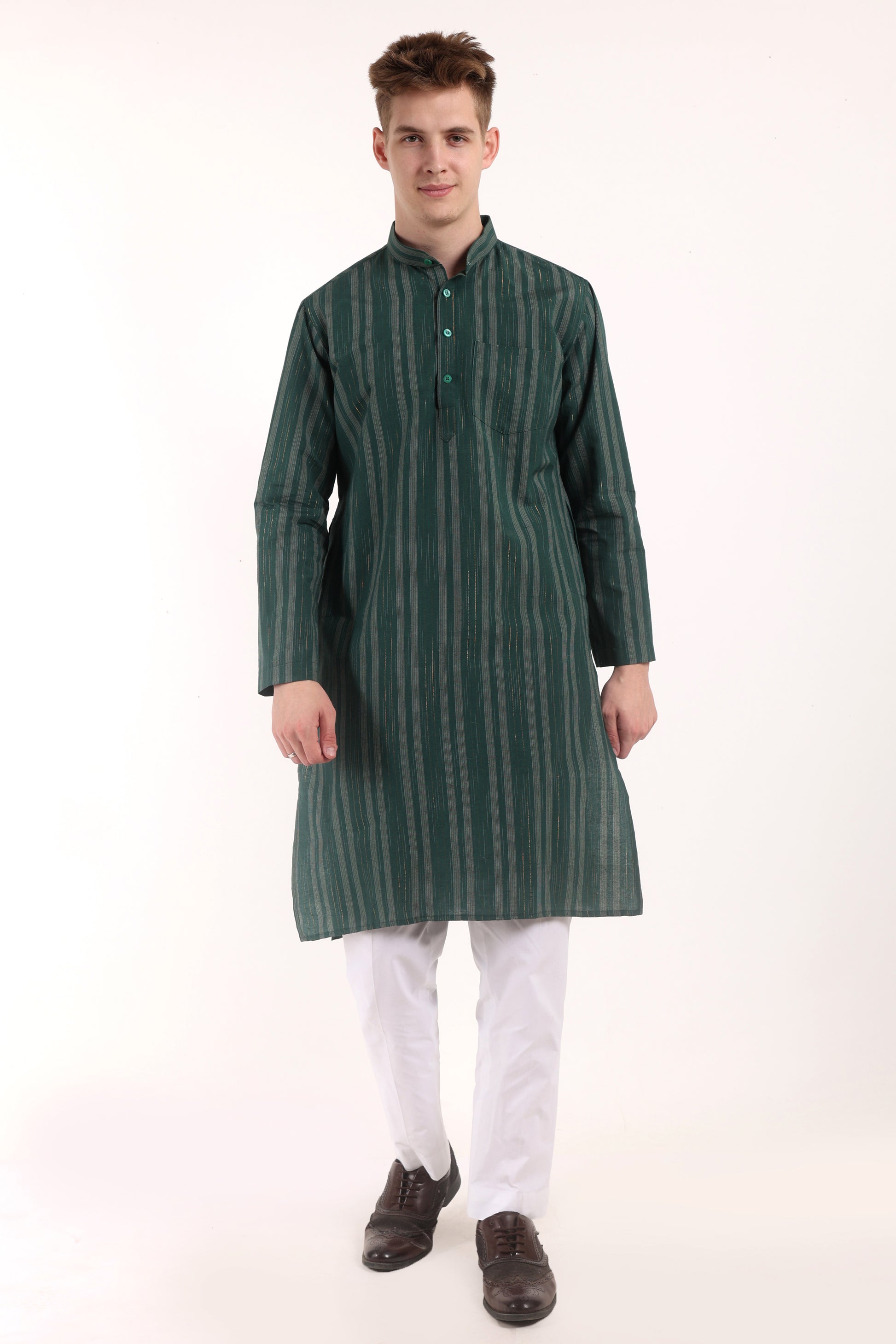 Green Cotton Stripes Kurta Pyjama