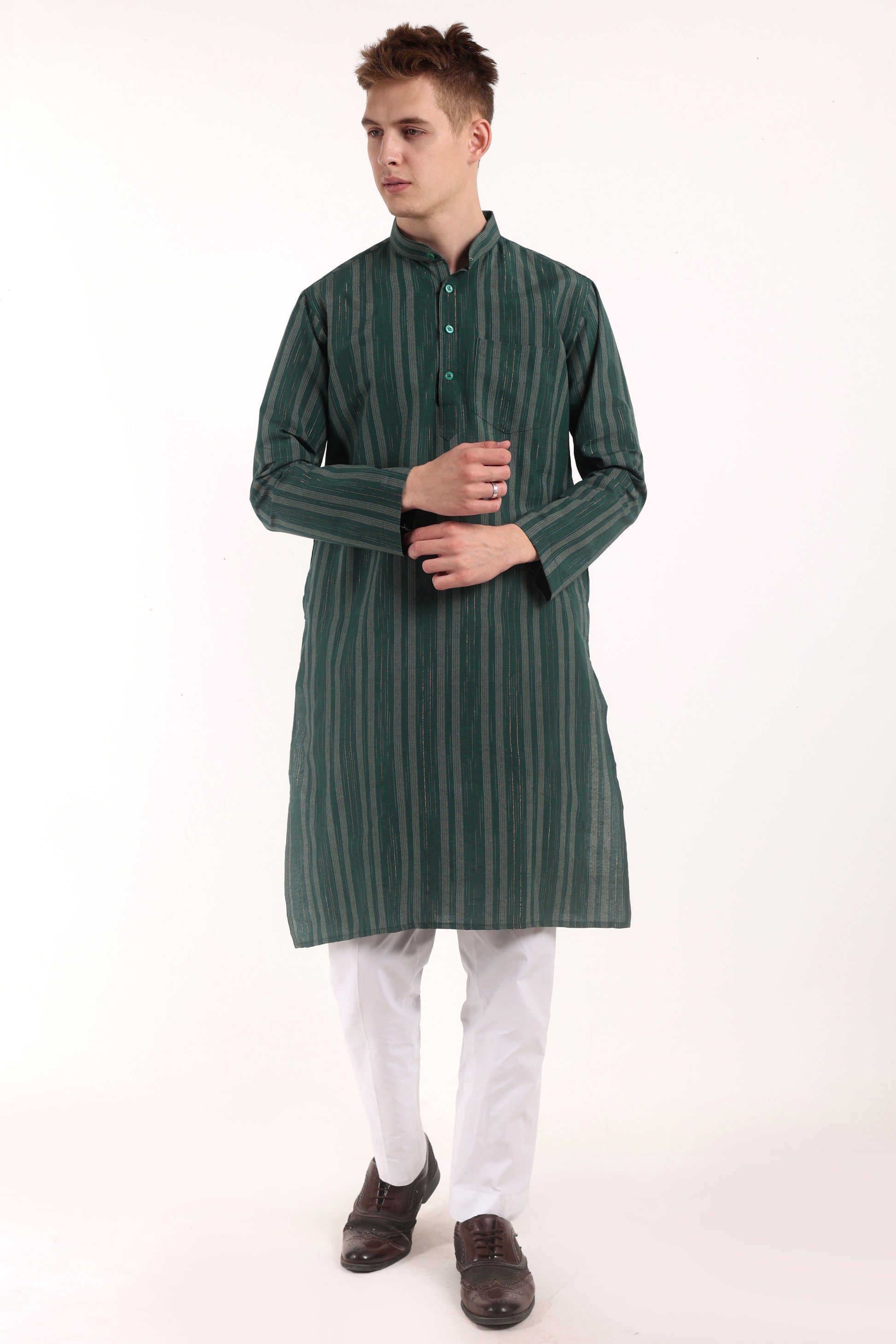 Green Cotton Stripes Kurta Pyjama