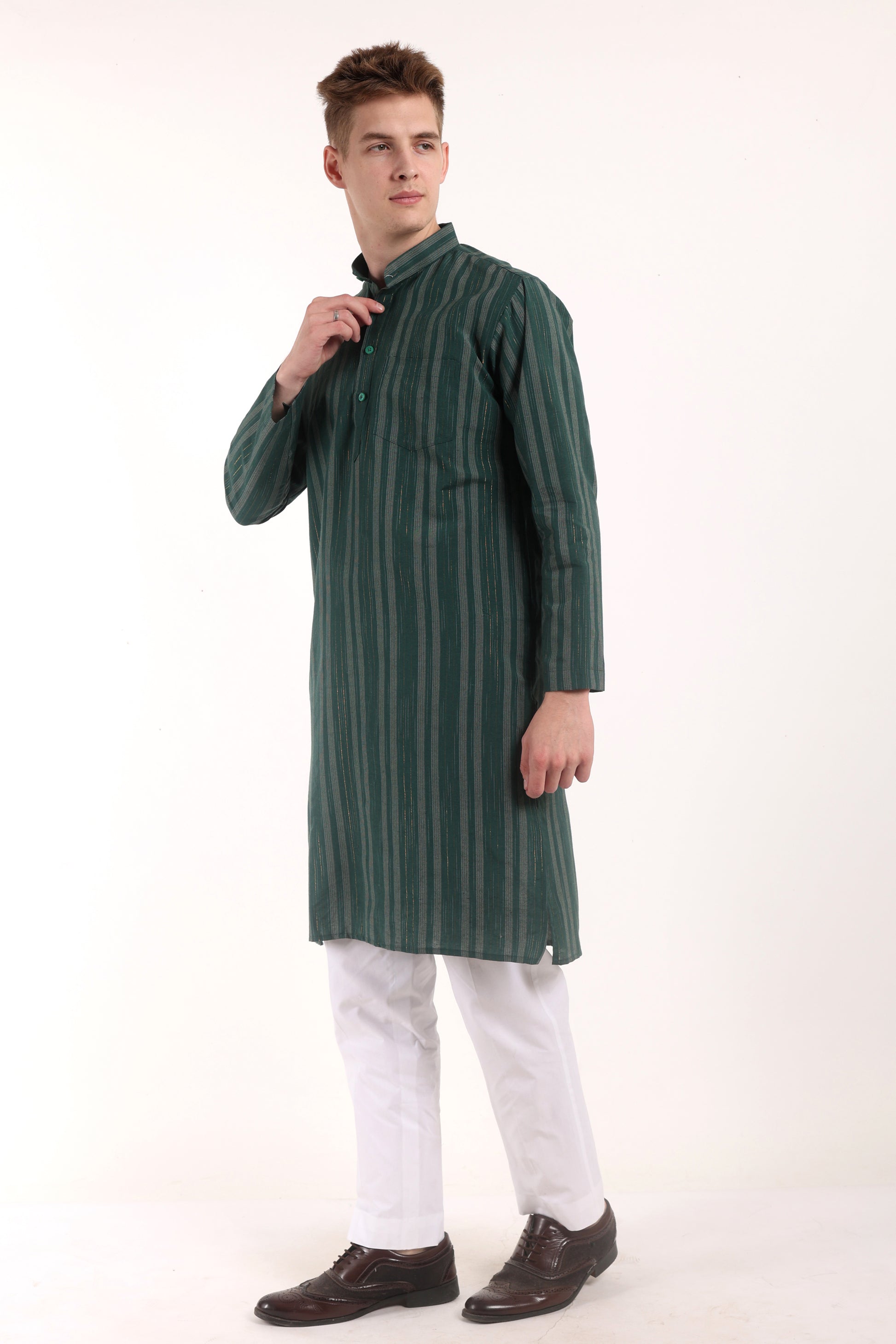 Green Cotton Stripes Kurta Pyjama