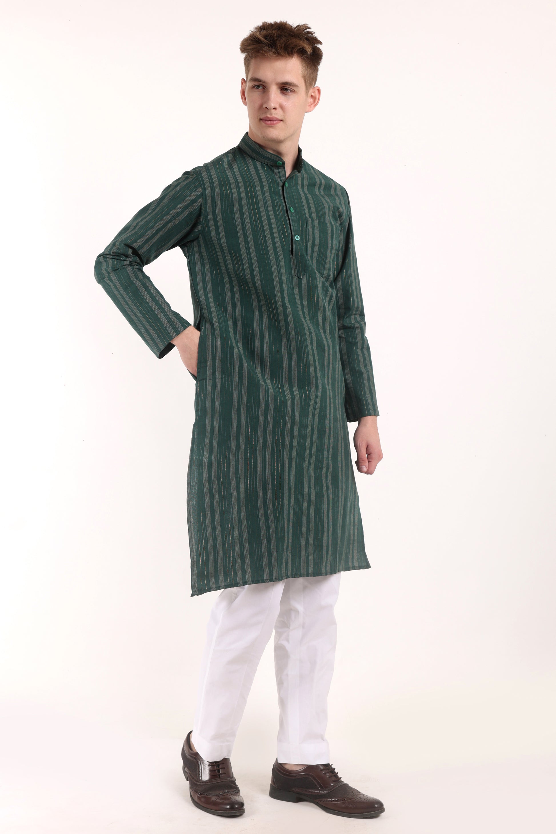 Green Cotton Stripes Kurta Pyjama