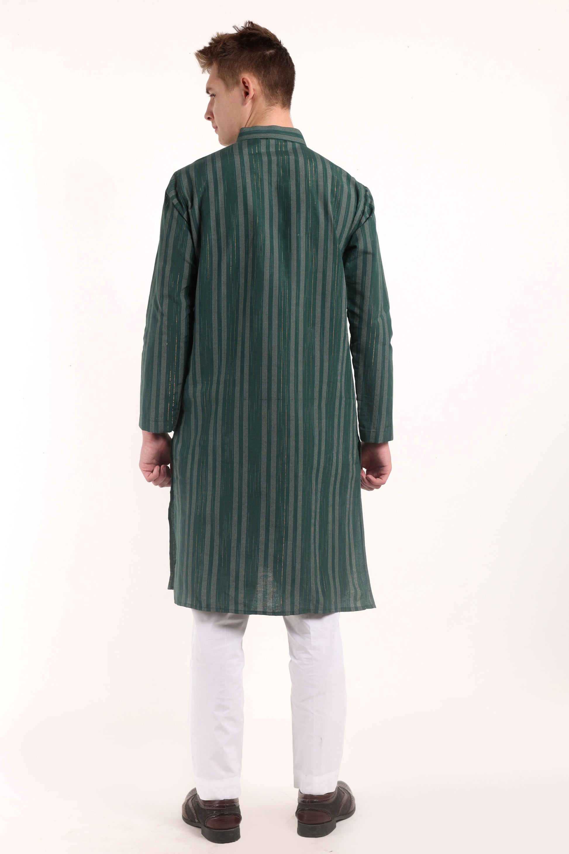 Green Cotton Stripes Kurta Pyjama