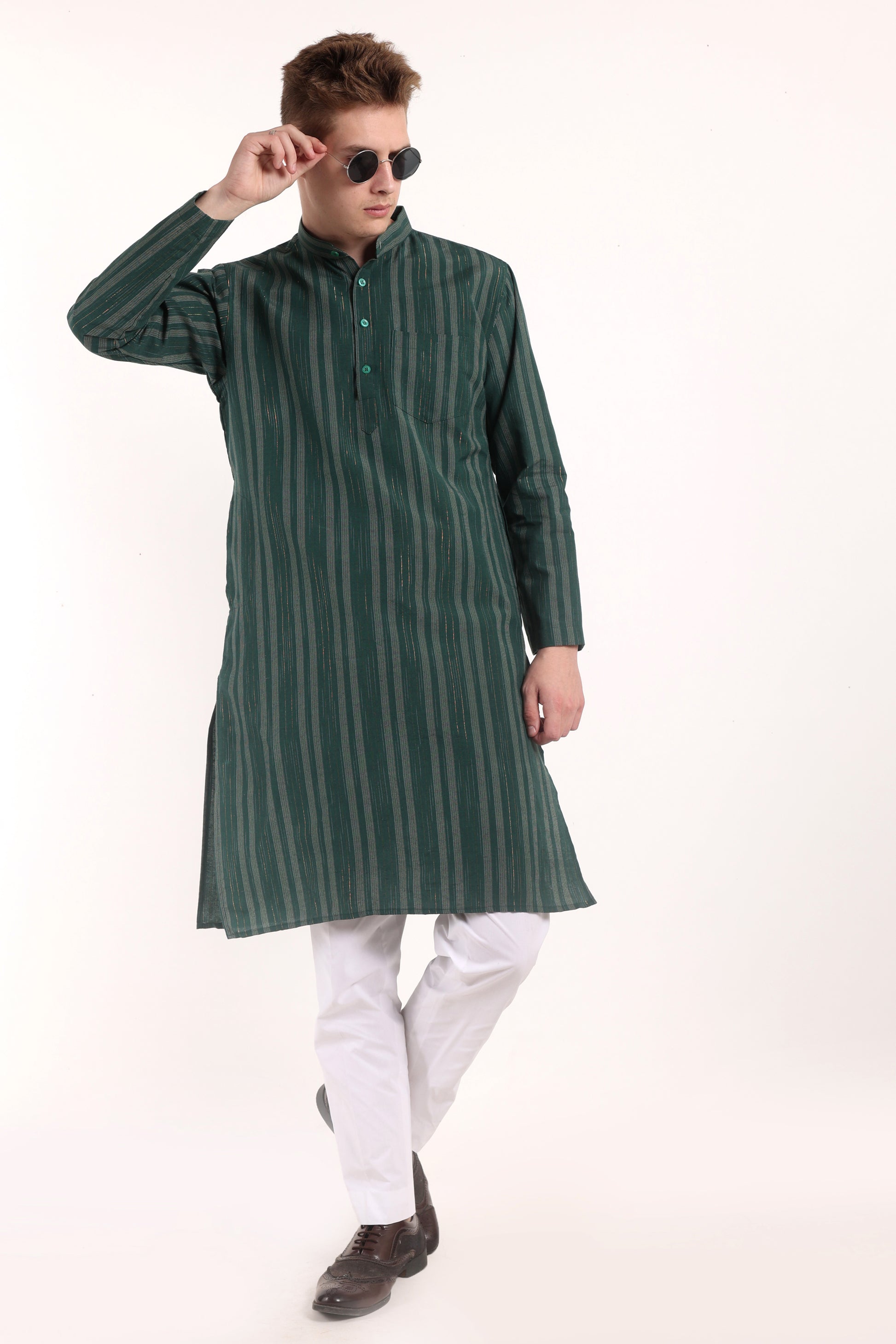 Green Cotton Stripes Kurta Pyjama