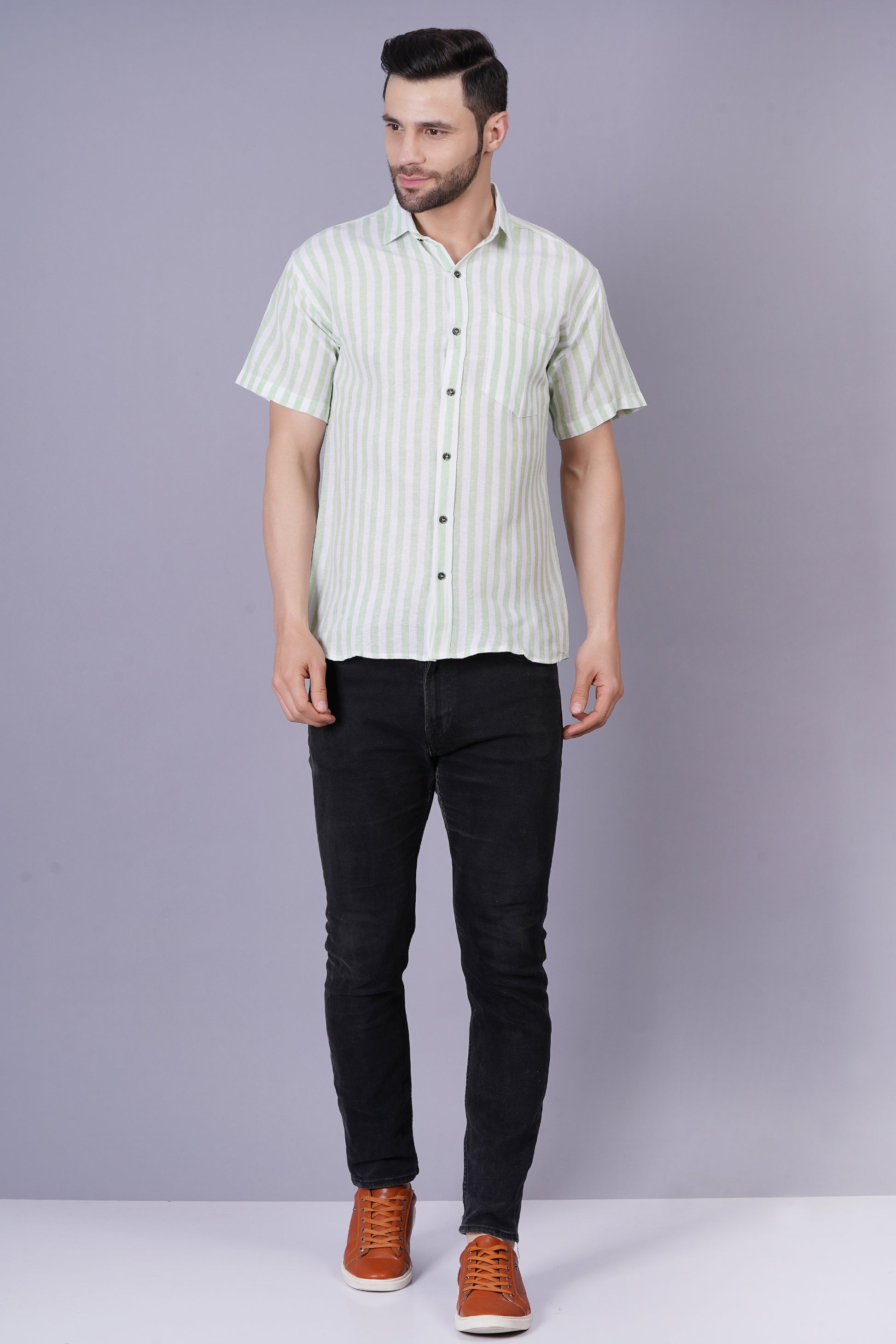Green Khadi Cotton Fabric Half Sleeve Mens Regular Fit Shirt