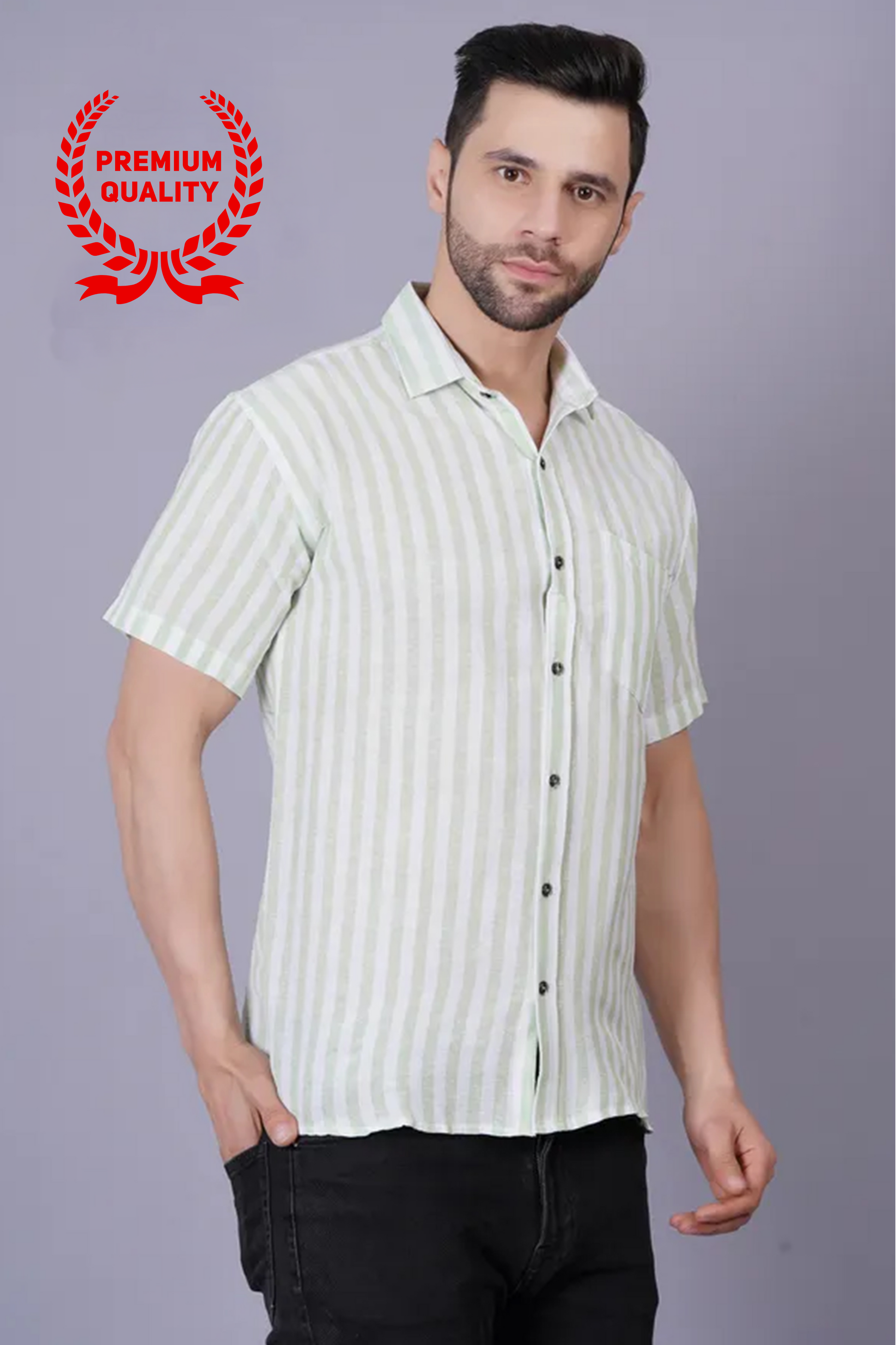 Green Khadi Cotton Fabric Half Sleeve Mens Regular Fit Shirt