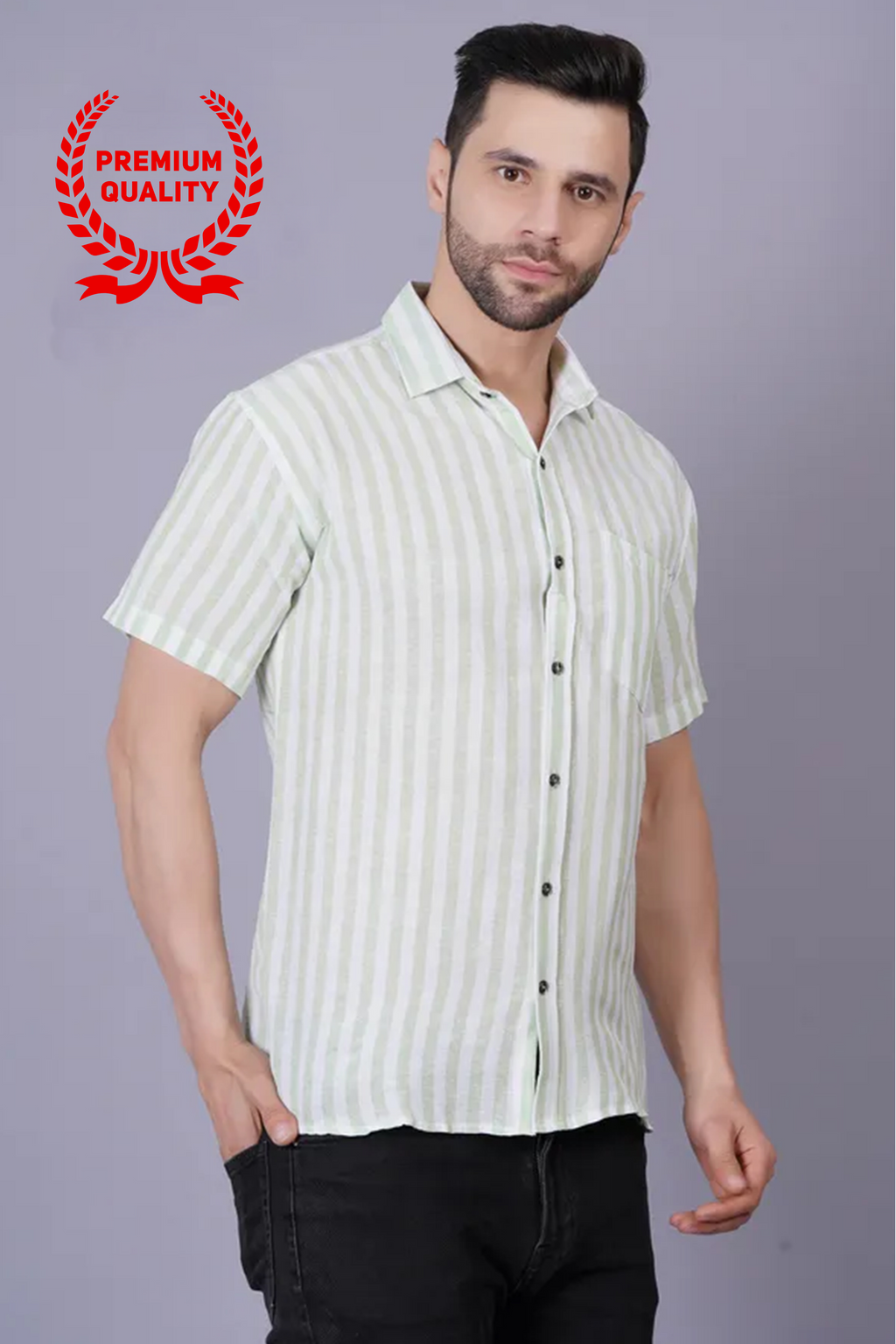 Green Khadi Cotton Fabric Half Sleeve Mens Regular Fit Shirt