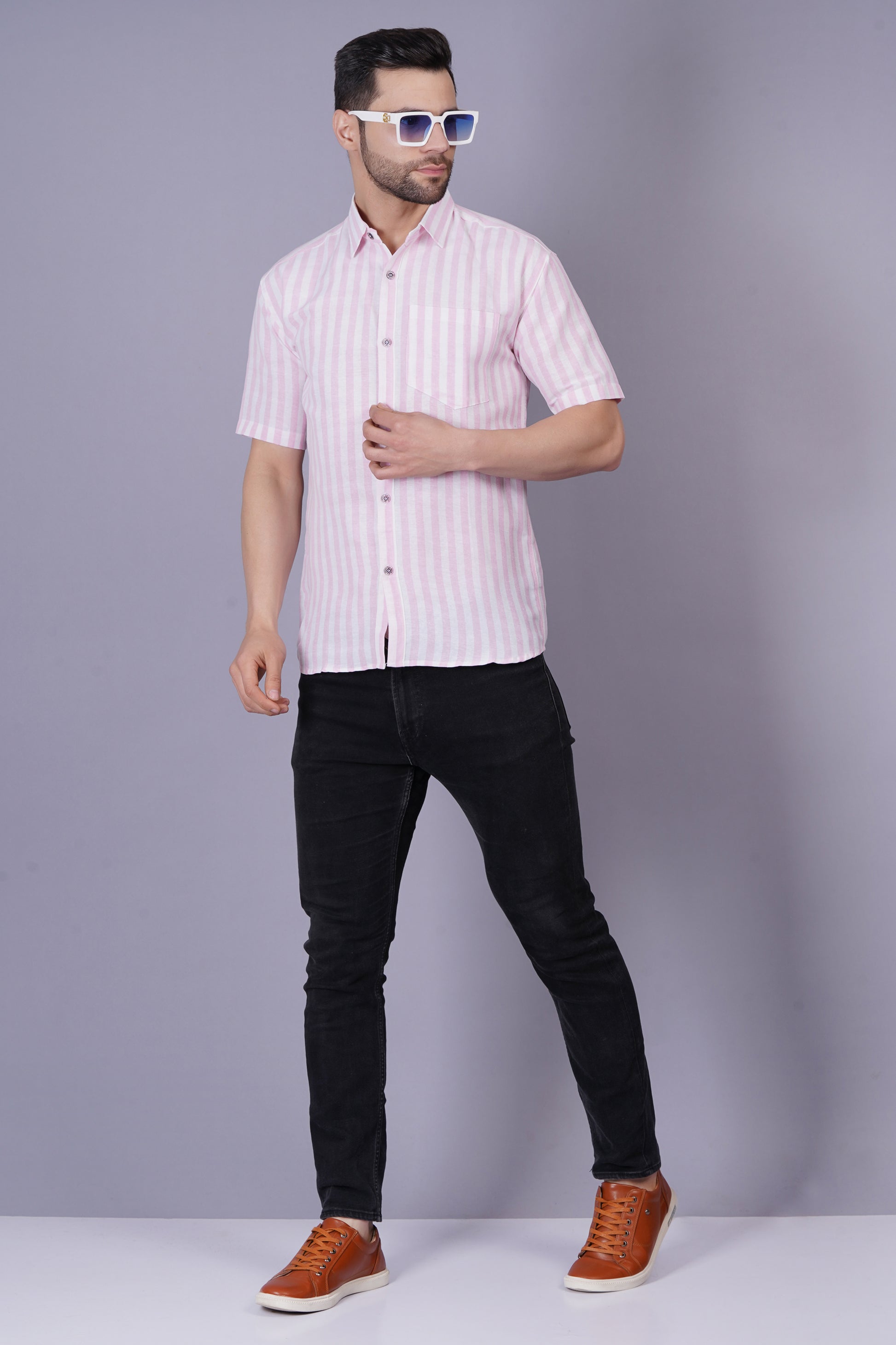 Pink Khadi Cotton Fabric Half Sleeve Mens Regular Fit Shirt