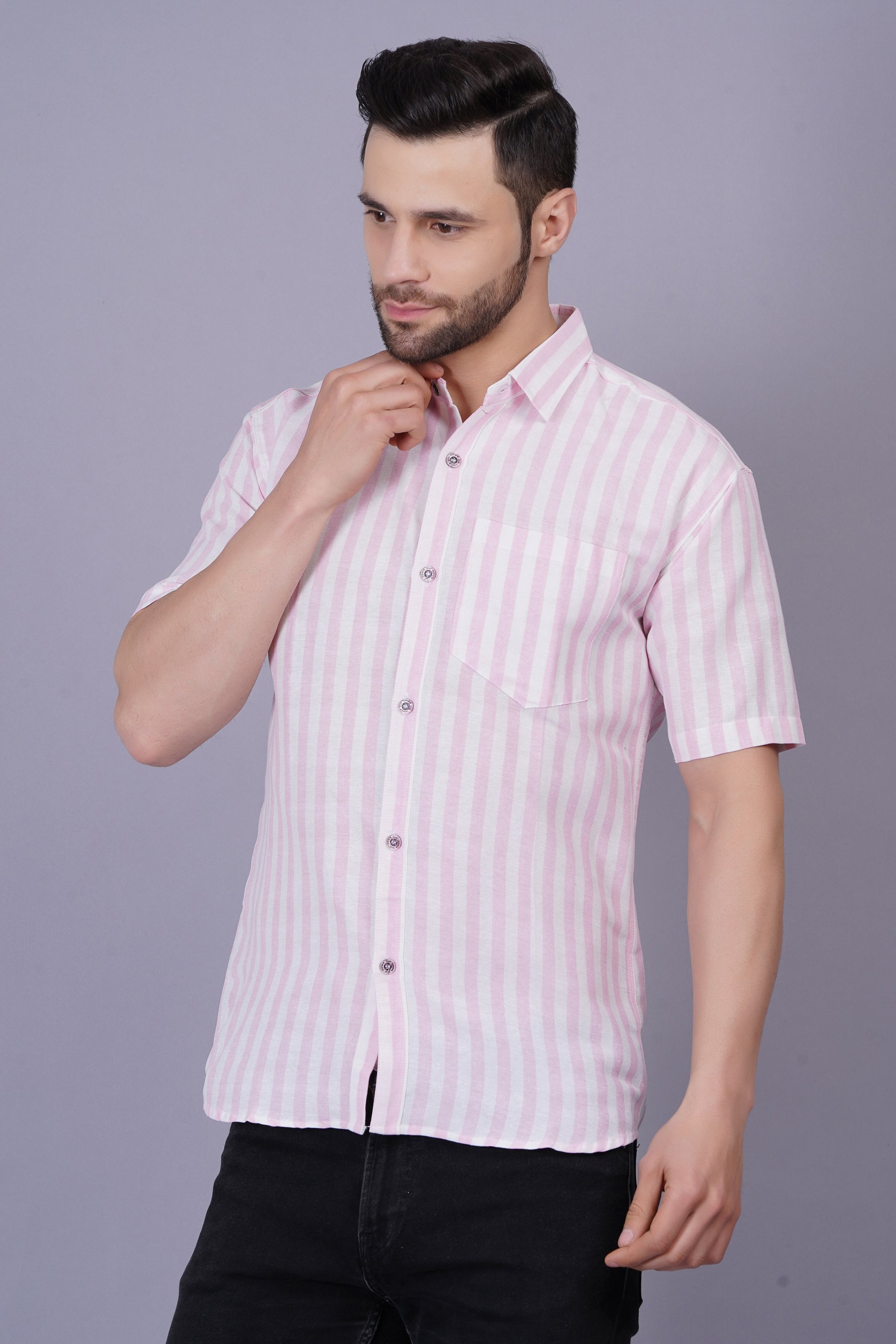 Pink Khadi Cotton Fabric Half Sleeve Mens Regular Fit Shirt