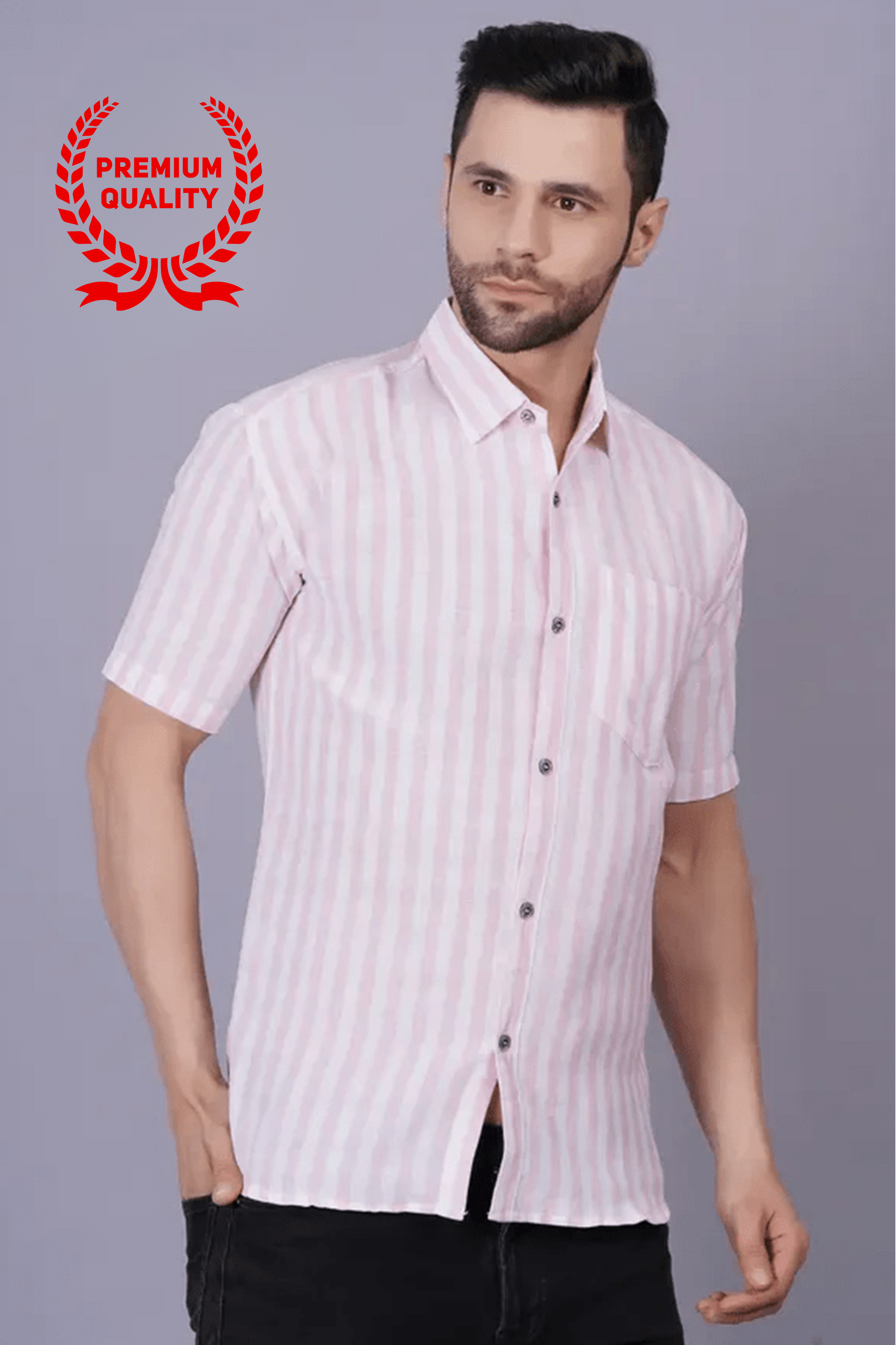 Pink Khadi Cotton Fabric Half Sleeve Mens Regular Fit Shirt