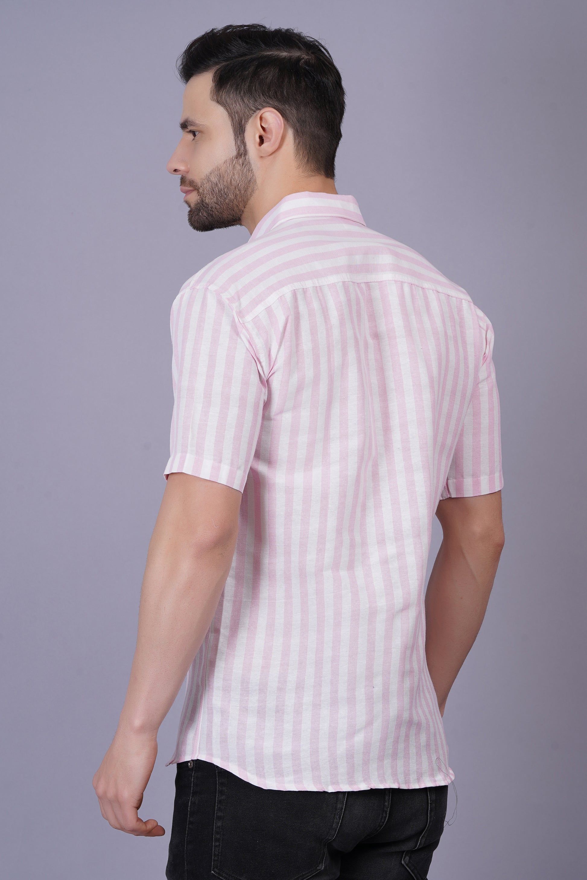 Pink Khadi Cotton Fabric Half Sleeve Mens Regular Fit Shirt