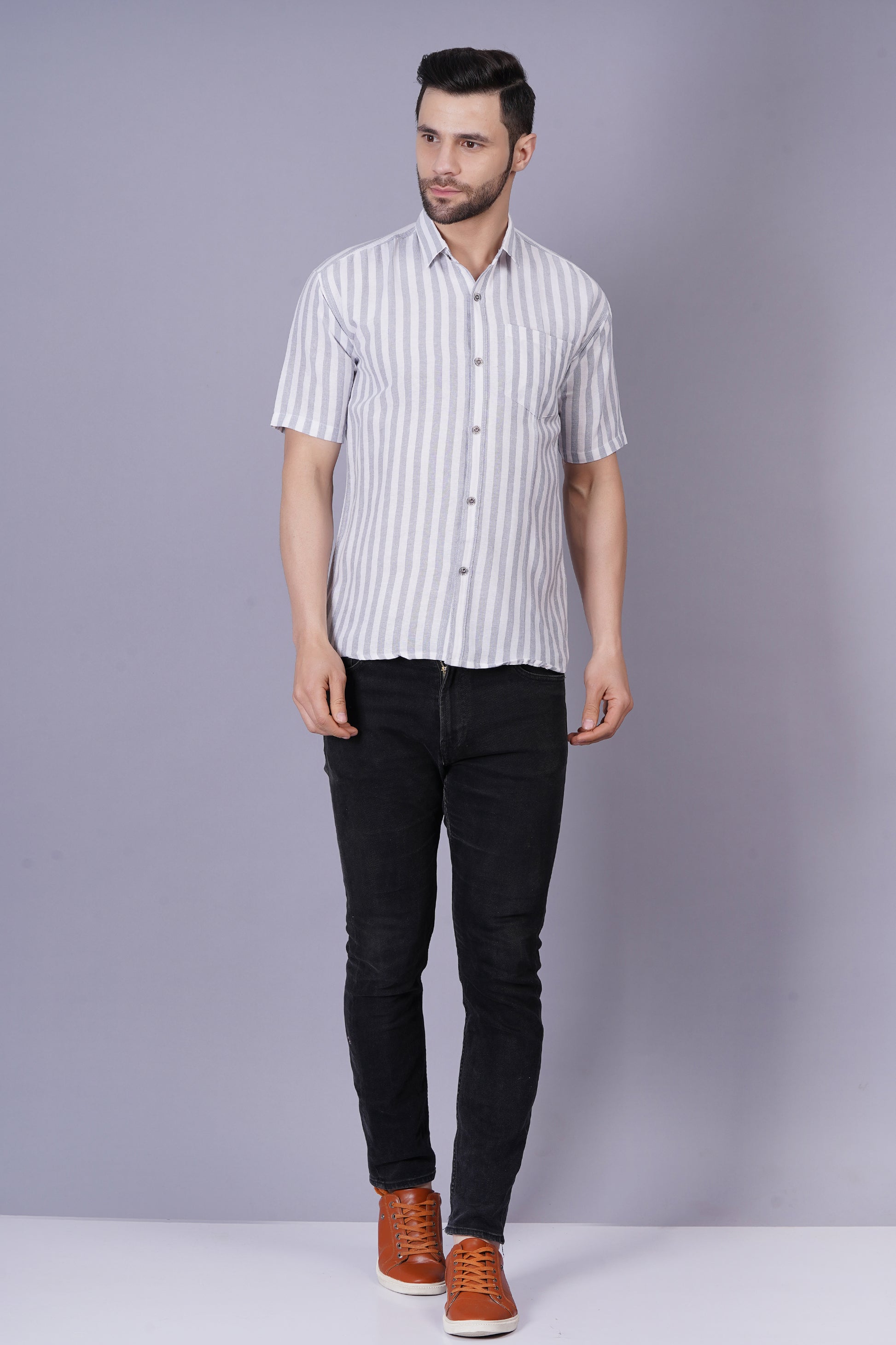 Grey Khadi Cotton Fabric Half Sleeve Mens Regular Fit Shirt