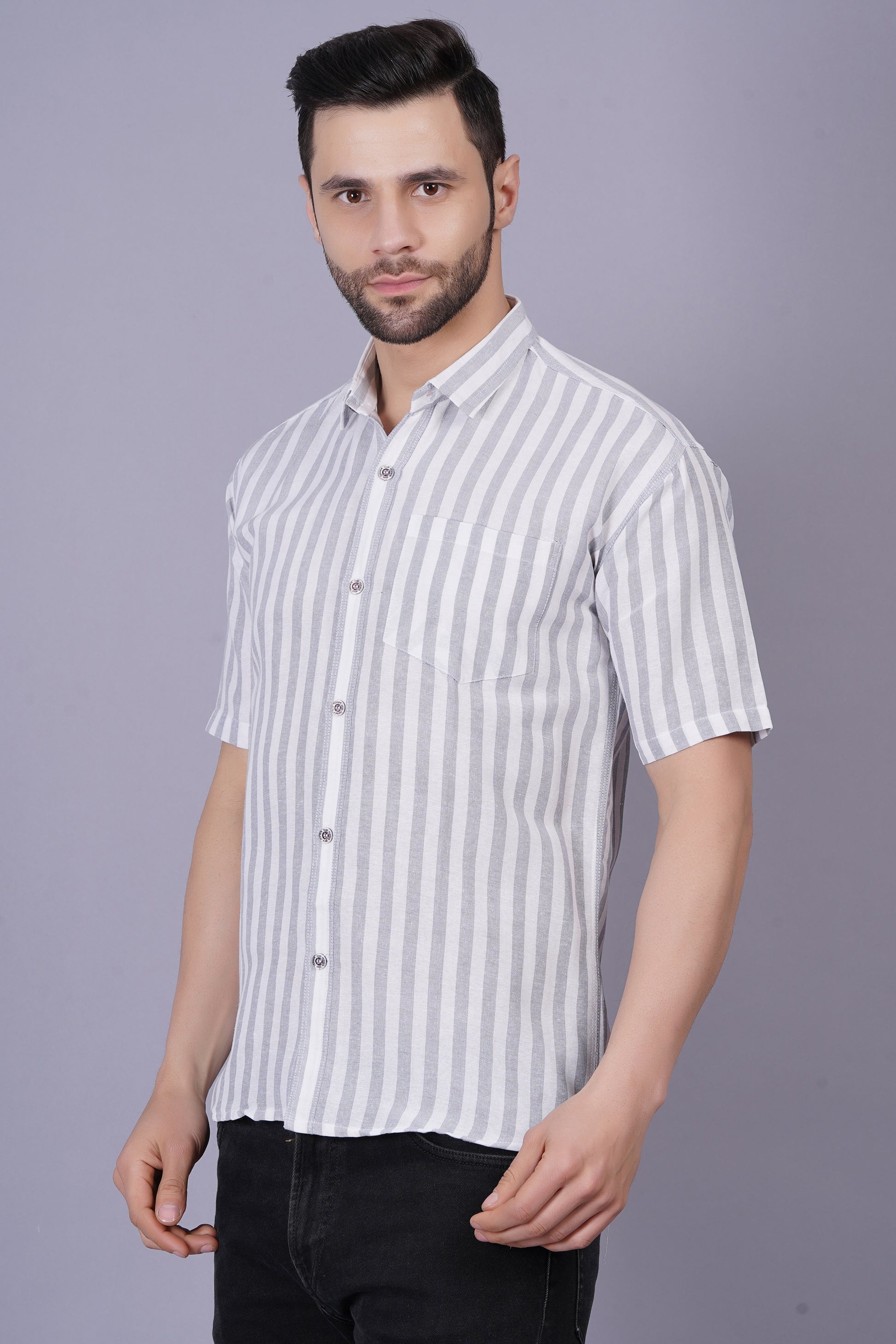 Grey Khadi Cotton Fabric Half Sleeve Mens Regular Fit Shirt