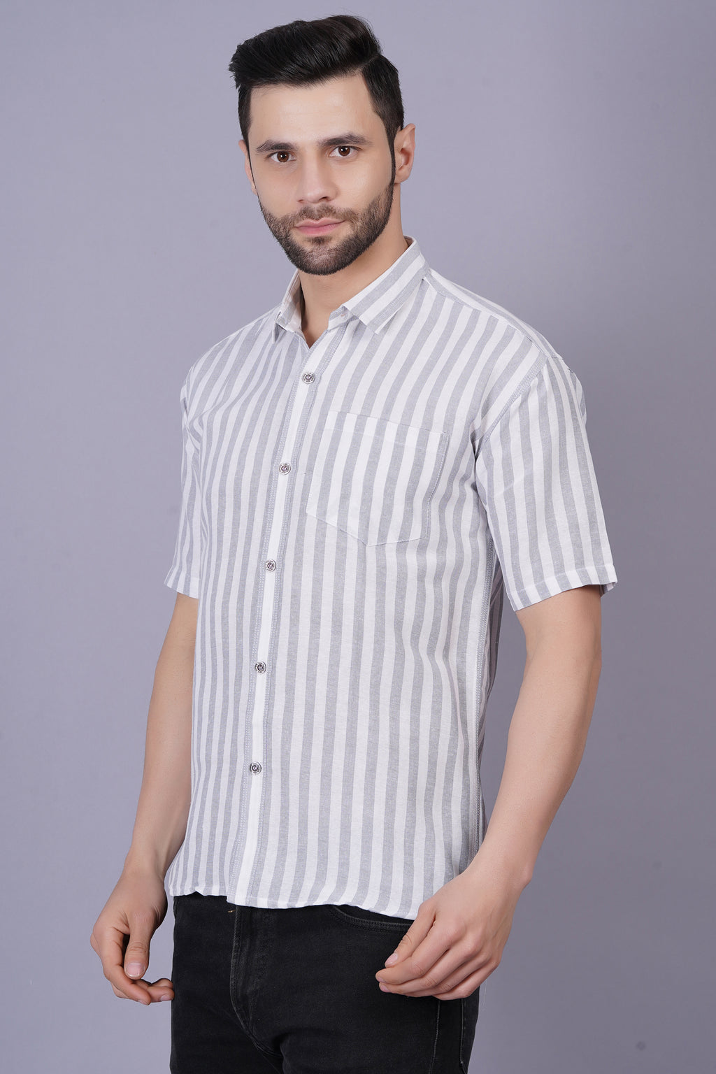 Grey Khadi Cotton Fabric Half Sleeve Mens Regular Fit Shirt