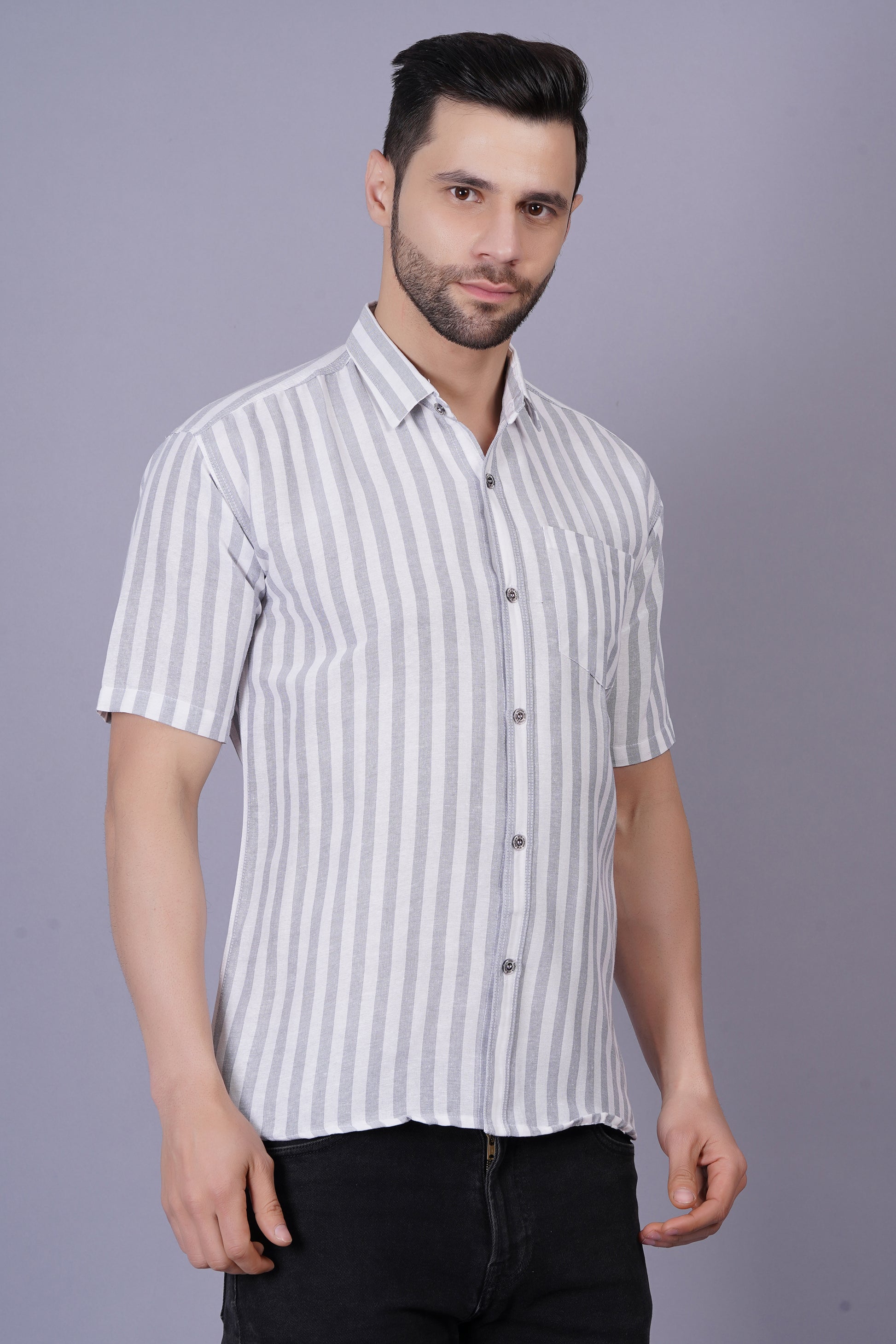 Grey Khadi Cotton Fabric Half Sleeve Mens Regular Fit Shirt