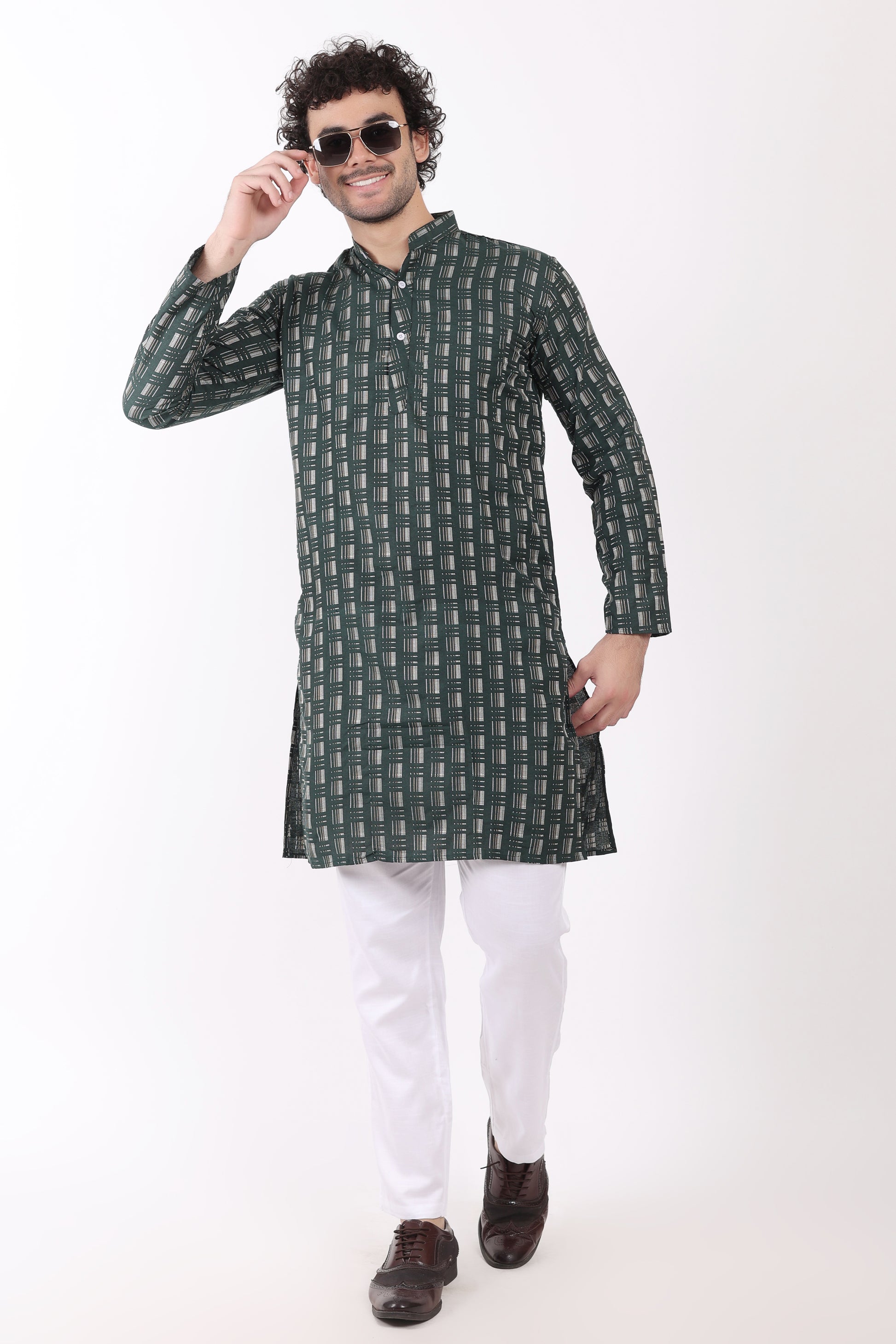 Cotton Self Woven Design Kurta Pyjama for Men