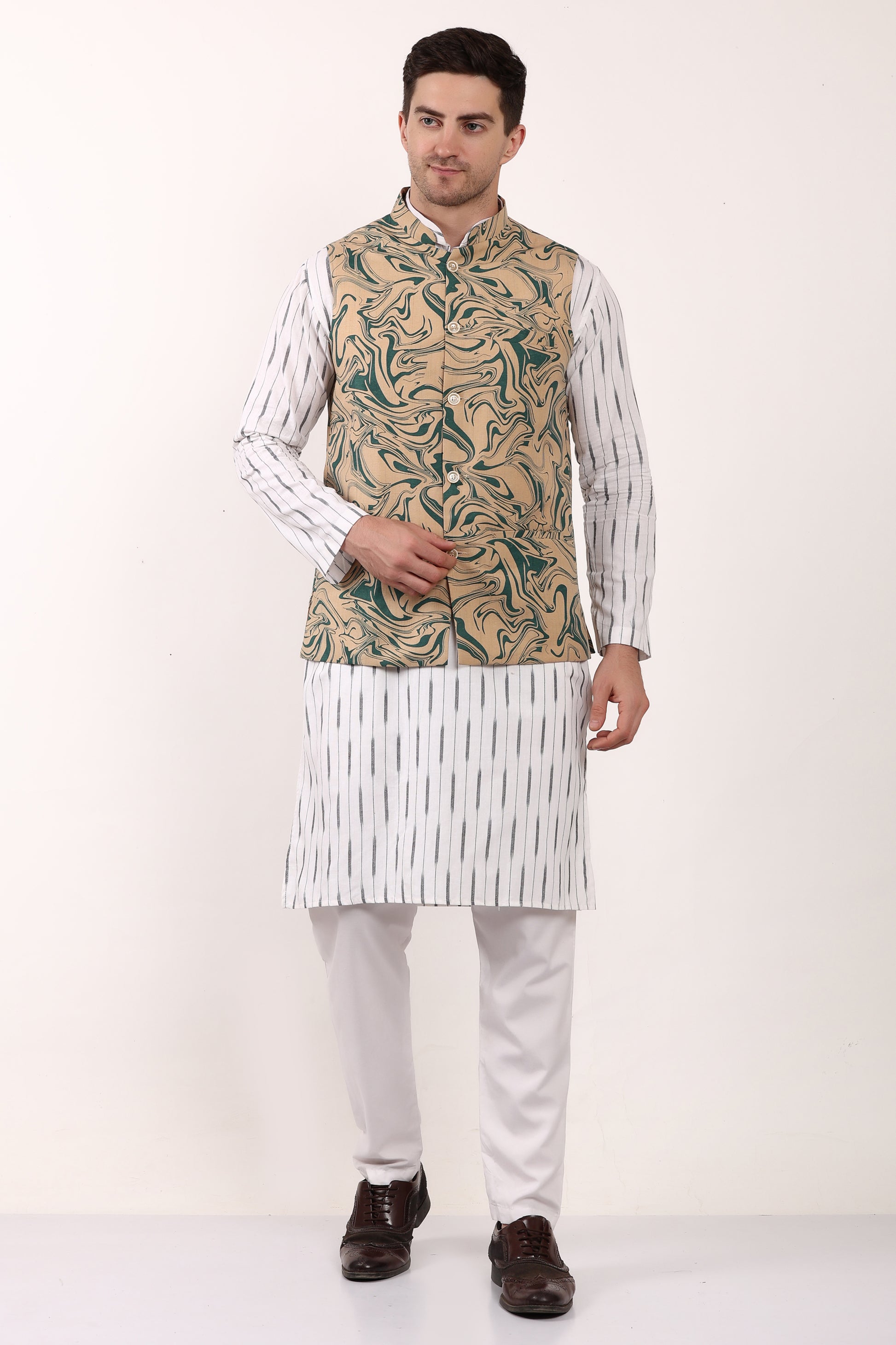 Printed Cotton Self Design Waistcoat/Jacket (Green)