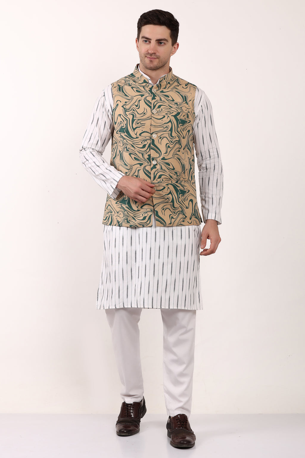 Printed Cotton Self Design Waistcoat/Jacket (Green)