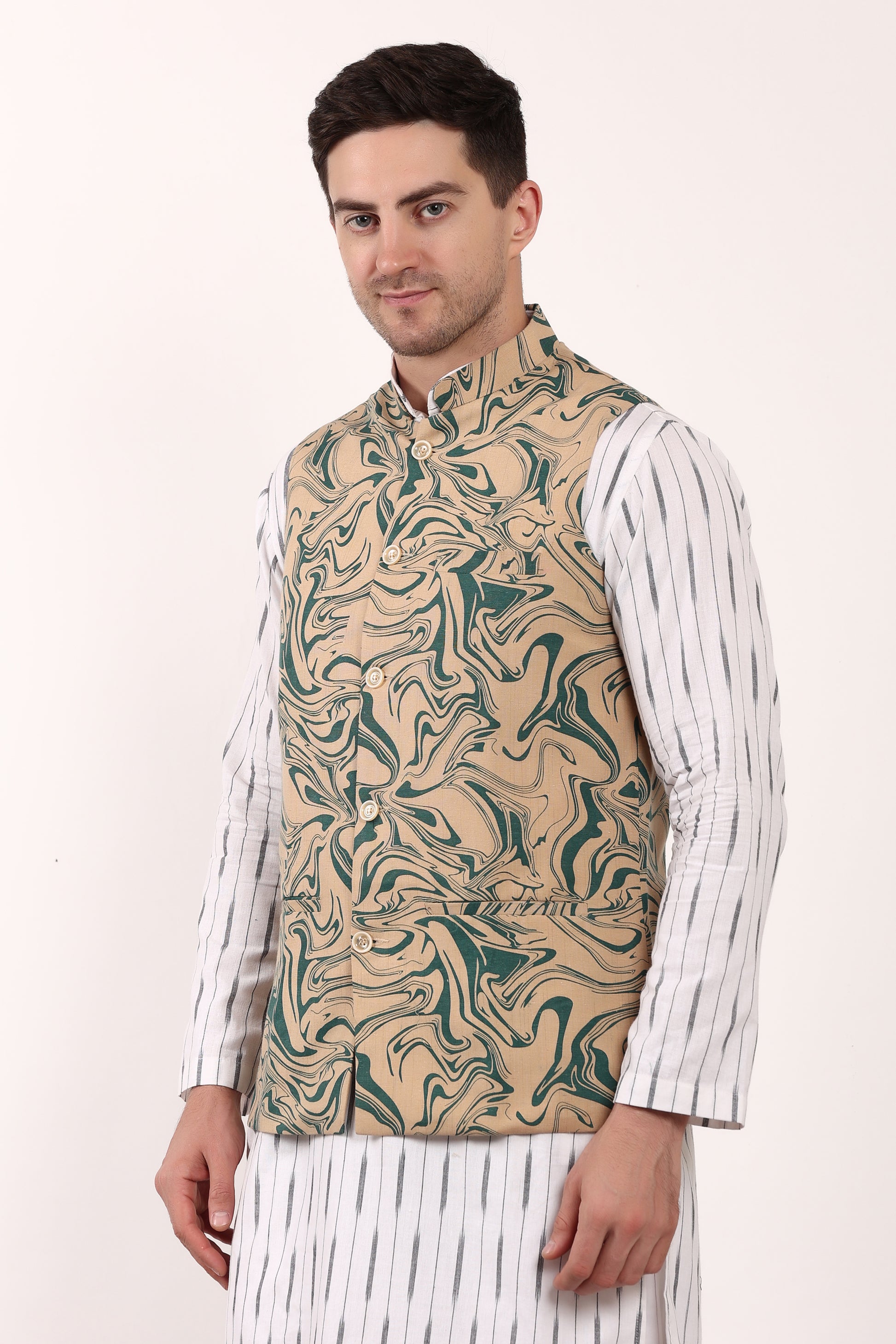 Printed Cotton Self Design Waistcoat/Jacket (Green)