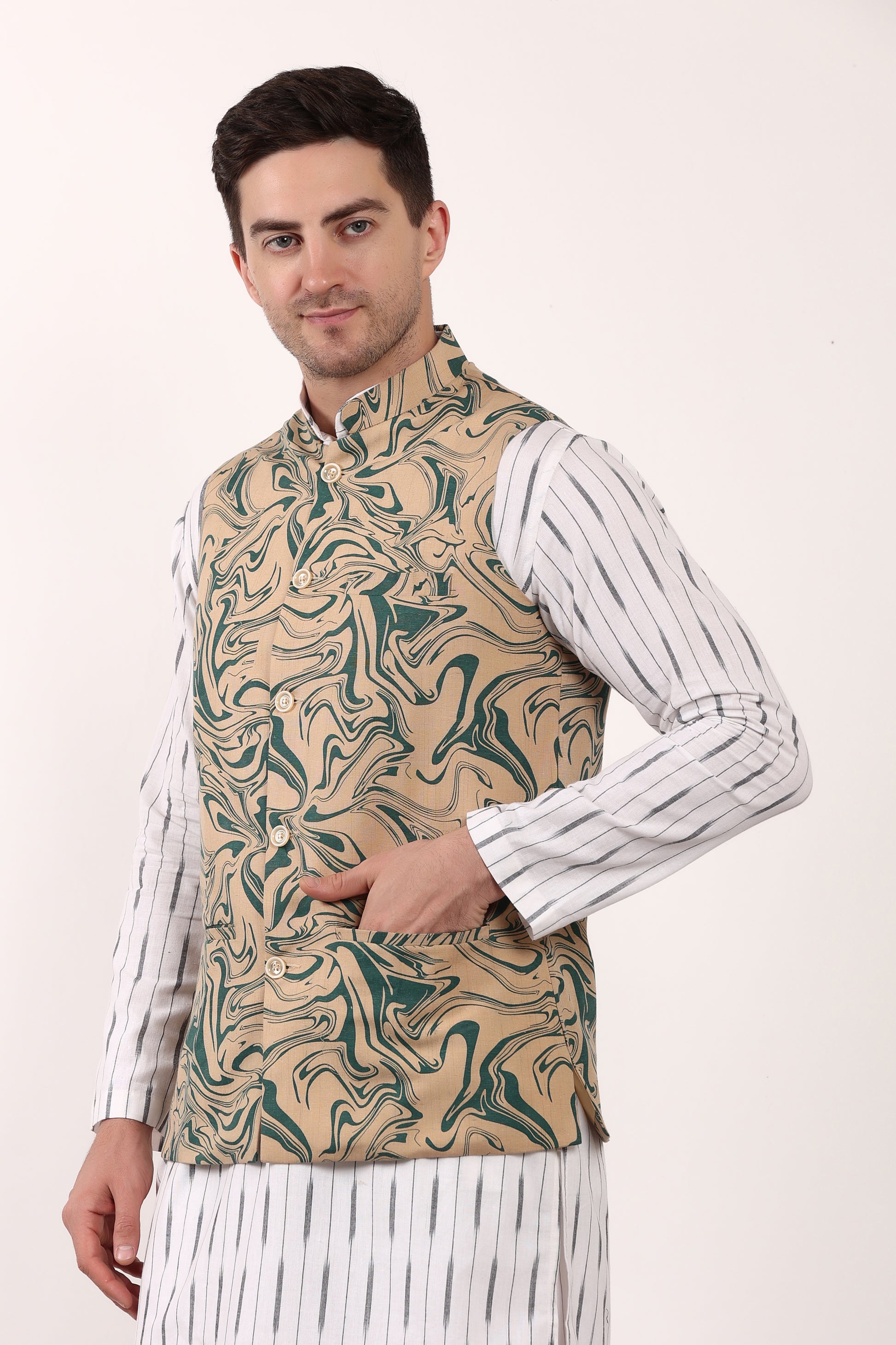 Printed Cotton Self Design Waistcoat/Jacket (Green)