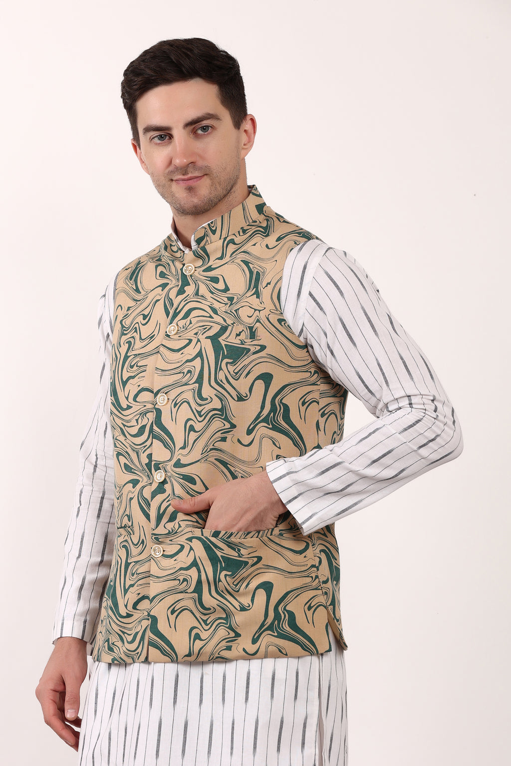 Printed Cotton Self Design Waistcoat/Jacket (Green)