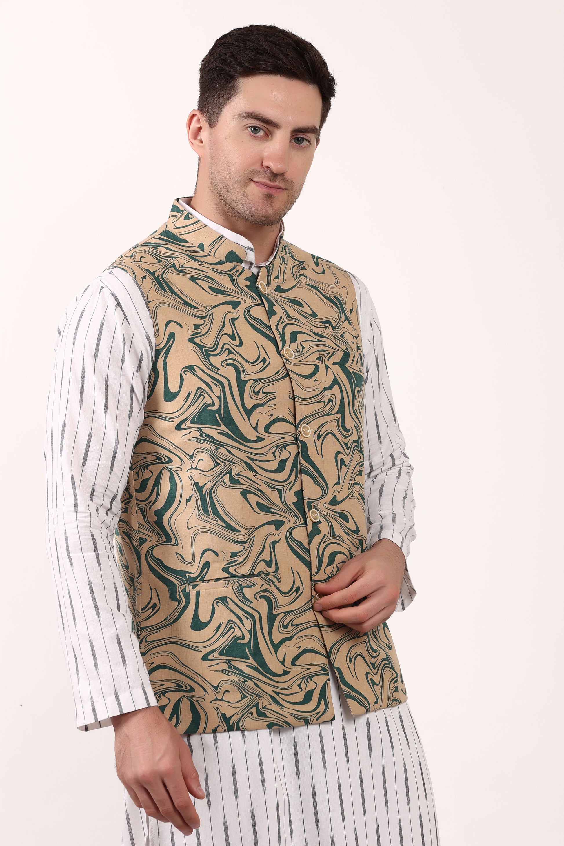 Printed Cotton Self Design Waistcoat/Jacket (Green)