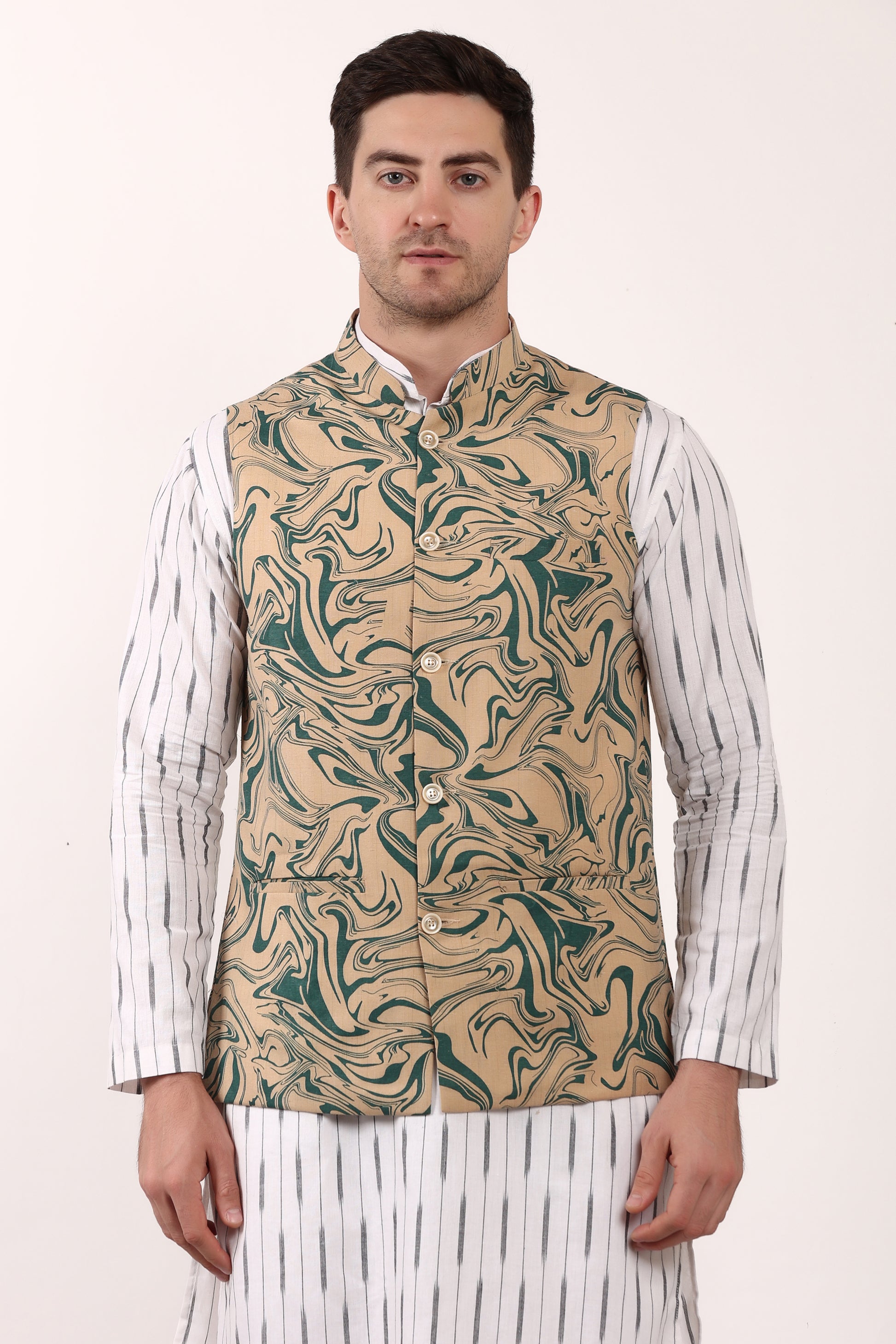 Printed Cotton Self Design Waistcoat/Jacket (Green)