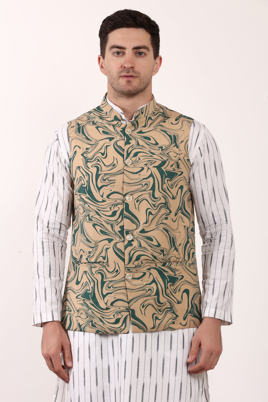 Printed Cotton Self Design Waistcoat/Jacket (Green)