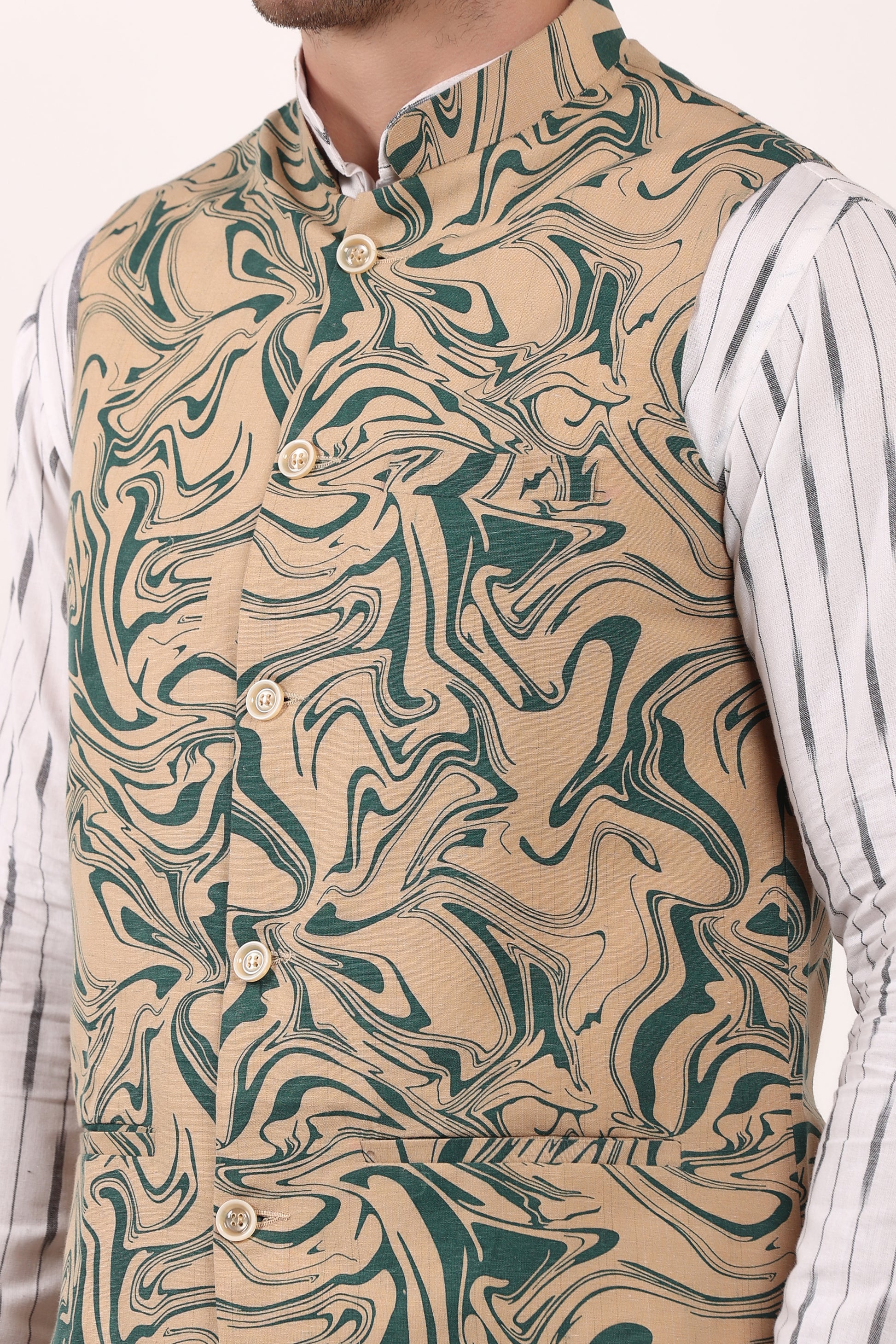 Printed Cotton Self Design Waistcoat/Jacket (Green)
