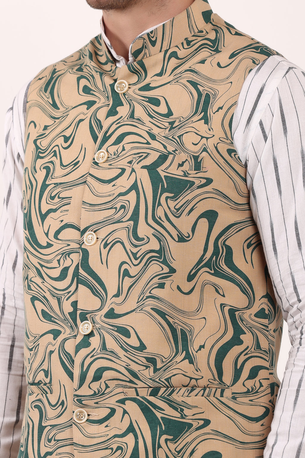 Printed Cotton Self Design Waistcoat/Jacket (Green)