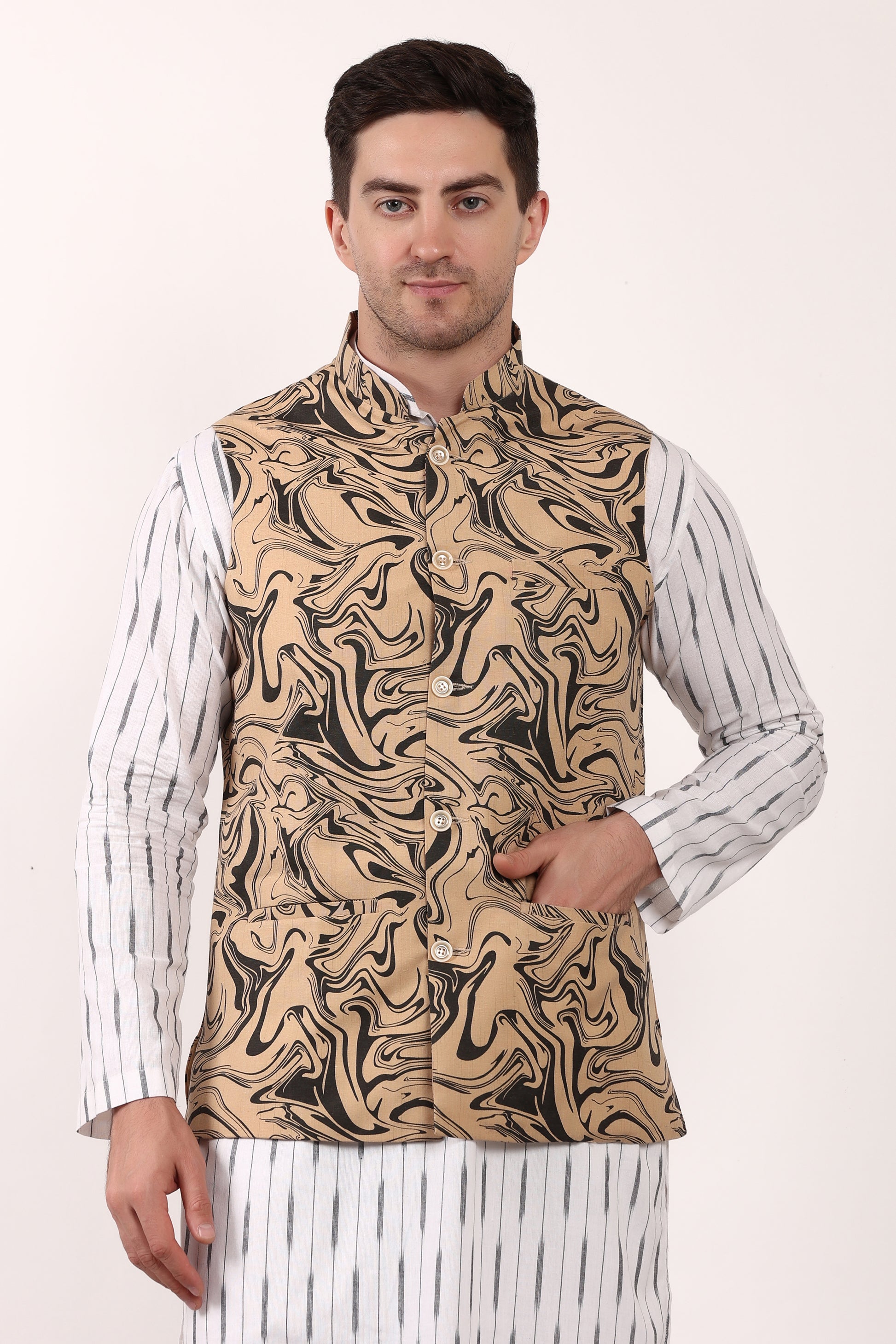 Printed Cotton Self Design Waistcoat/Jacket (Black)