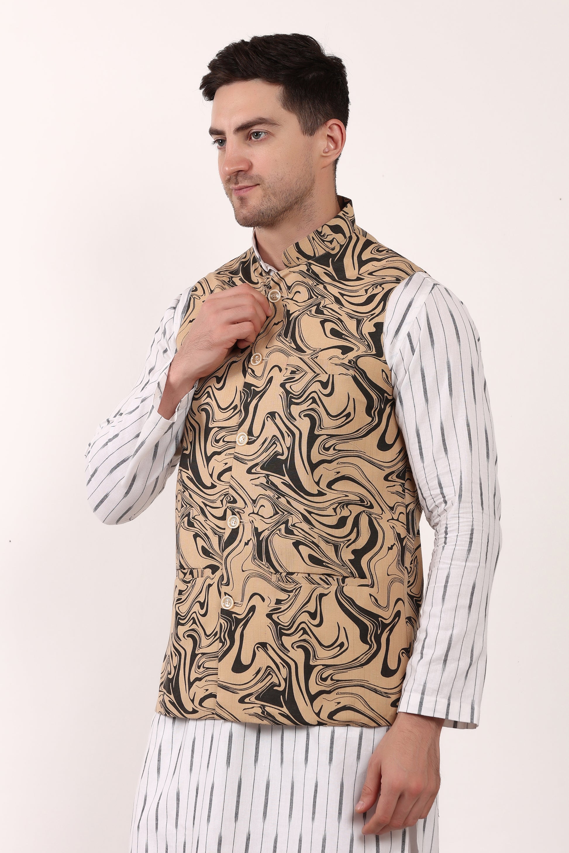 Printed Cotton Self Design Waistcoat/Jacket (Black)