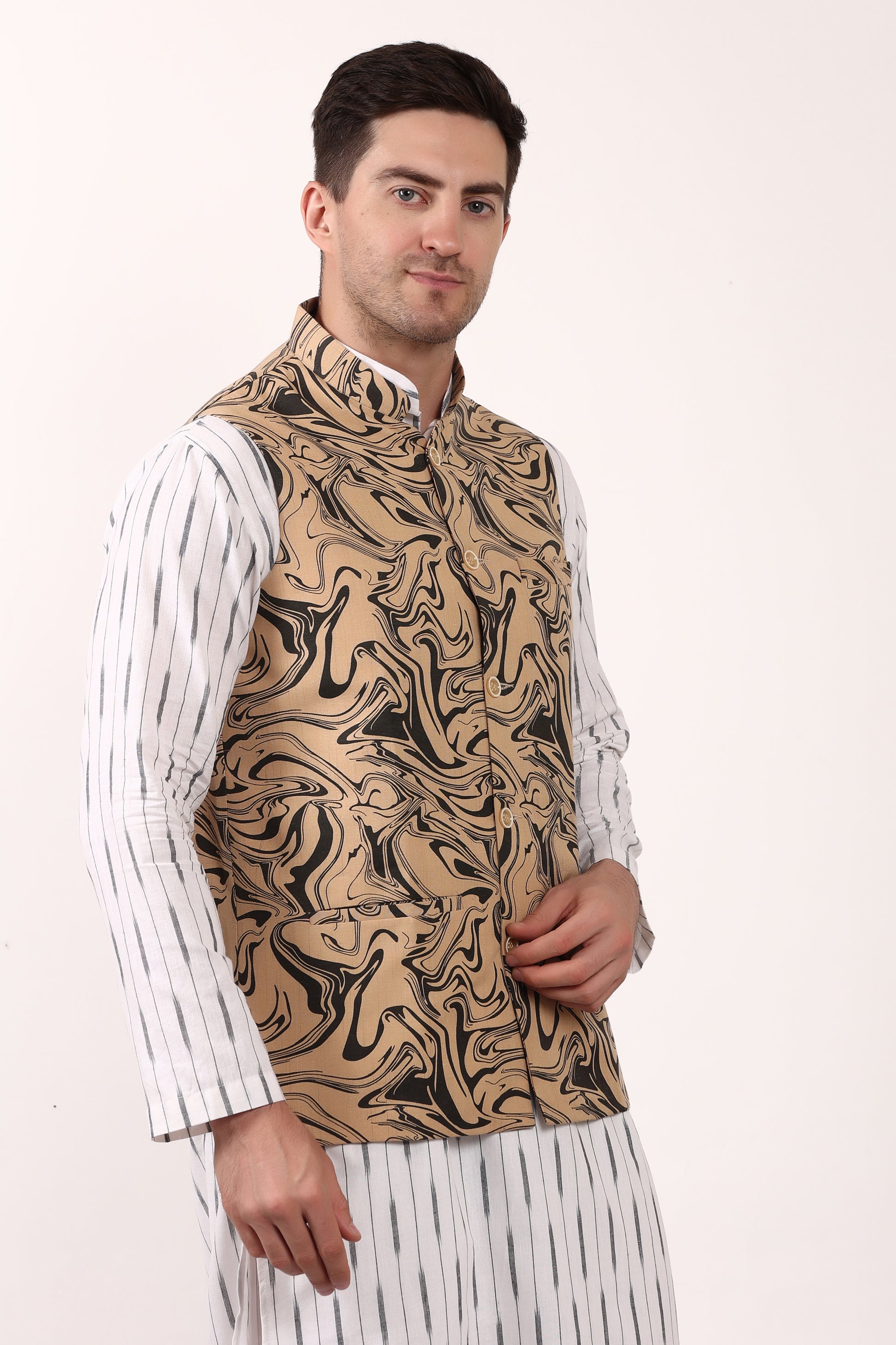 Printed Cotton Self Design Waistcoat/Jacket (Black)