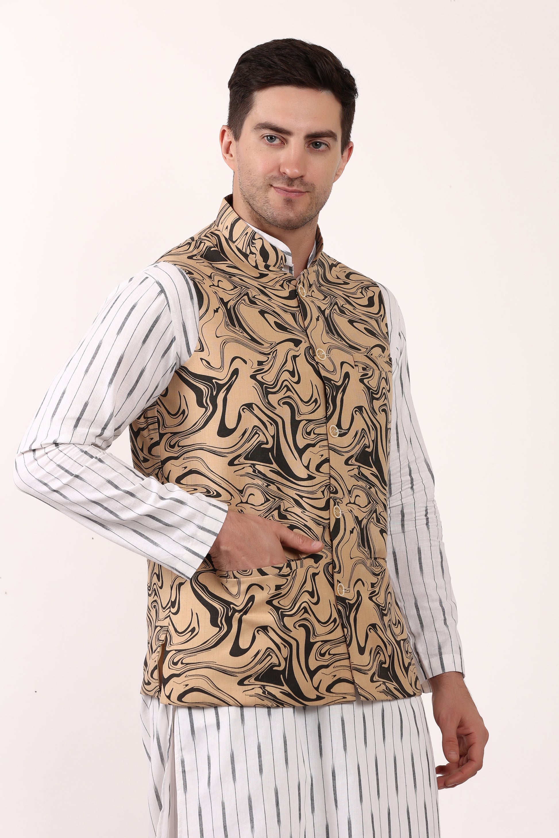 Printed Cotton Self Design Waistcoat/Jacket (Black)